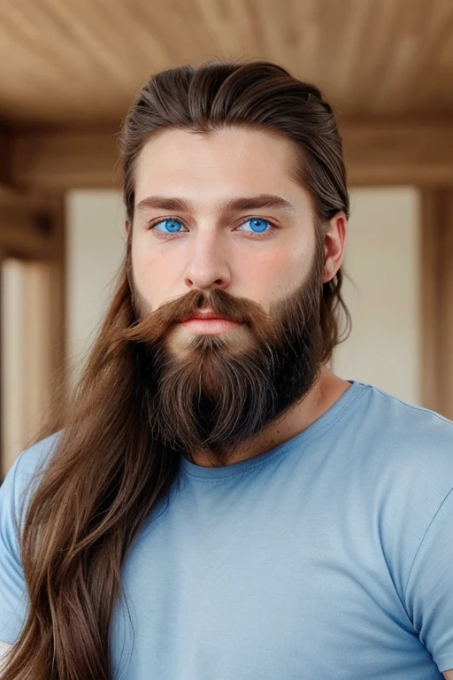 Perfect beautiful man blue eyes long hair beard