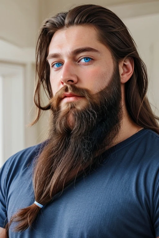 Perfect beautiful man blue eyes long hair beard