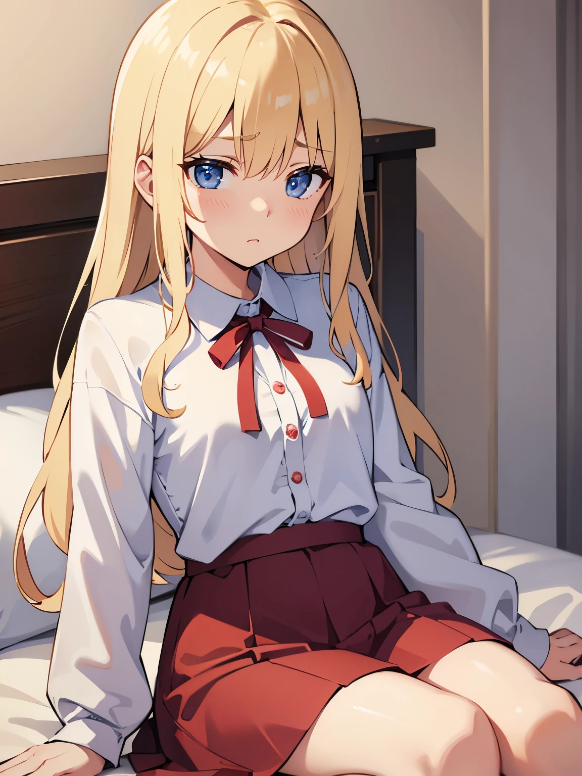 Blonde、Blue Eyes、Embarrassed face、White blouse、Red ribbon around neck、Navy Skirt、Bed in the background