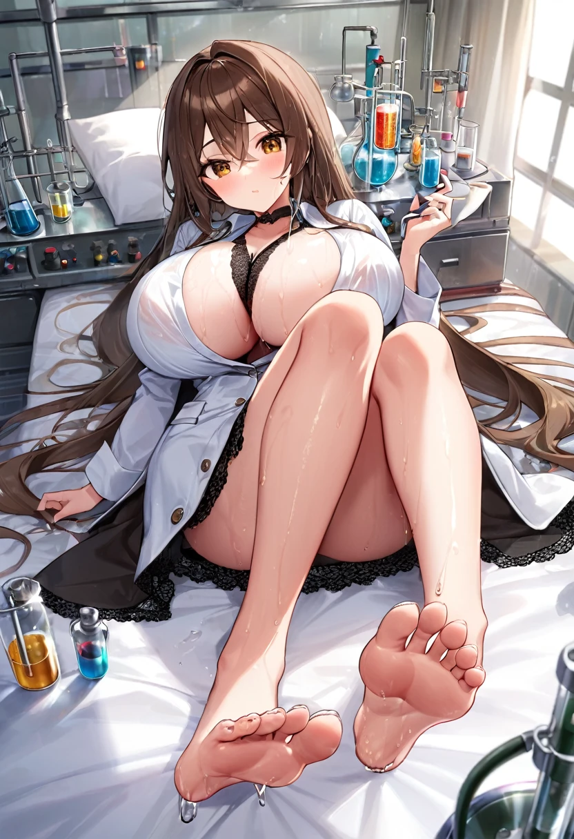 Italian girl, very long brown hair, 25 years old, super gigantic wet breasts, lying tied hand and foot to a bed, wearing a torn blouse, small pleated black miniskirt, bare feet, black lace bra, unbuttoned a chemical lab coat unbuttoned