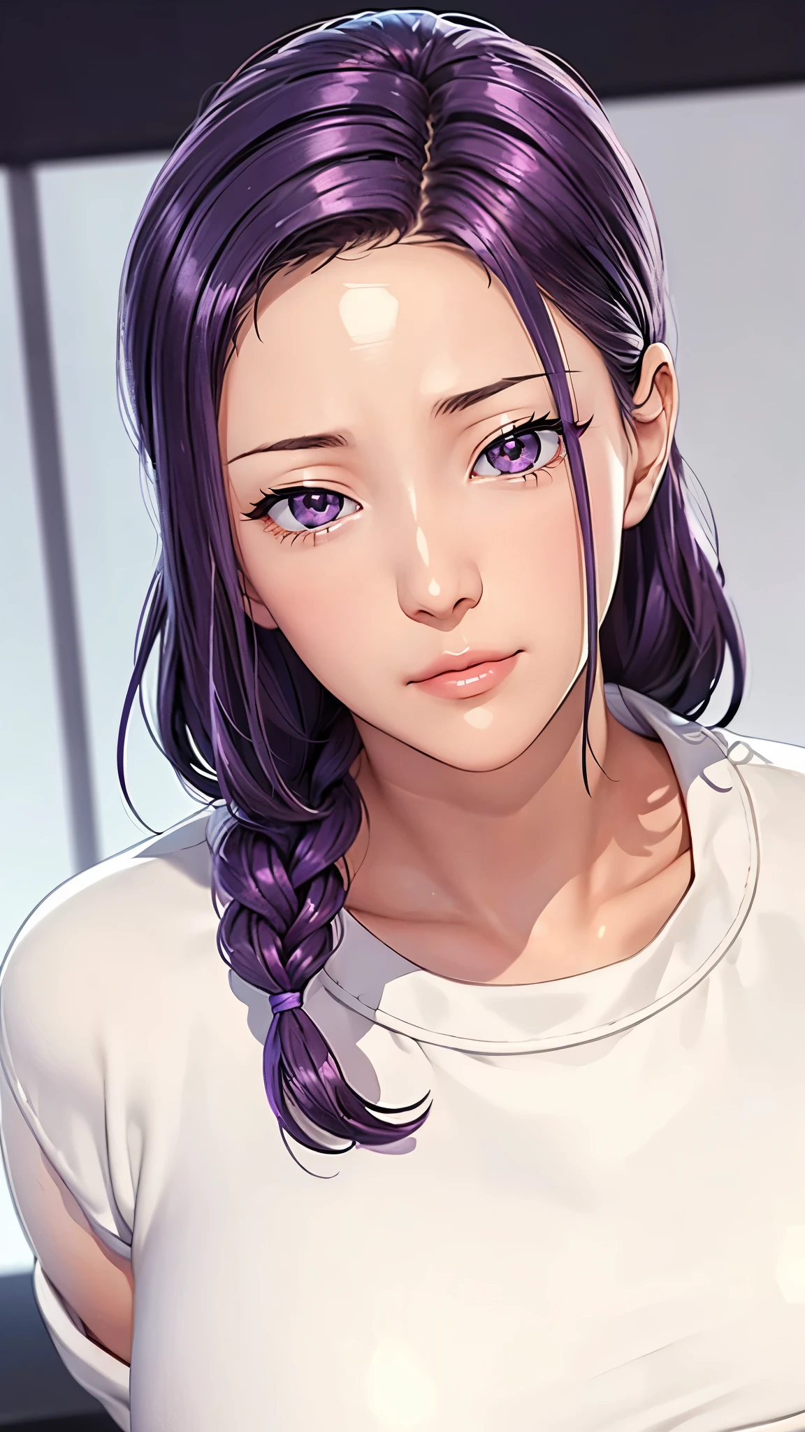(((完美figure,figure,solo, (((White kimono,long sleeves, wide sleeves, ))),(((purple hair, long hair, hair pulled back,parted lips,purple eyes, Single braid,))),((masterpiece)),high resolution, ((Best quality at best)),masterpiece,quality,Best quality,((( Exquisite facial features,Looking at the audience,There is light in the eyes,(((lol,Happy,))),))),(((Light and shadow,Huge breasts))),(((Looking at the camera,White background,Sitting astride,Open your legs,)))