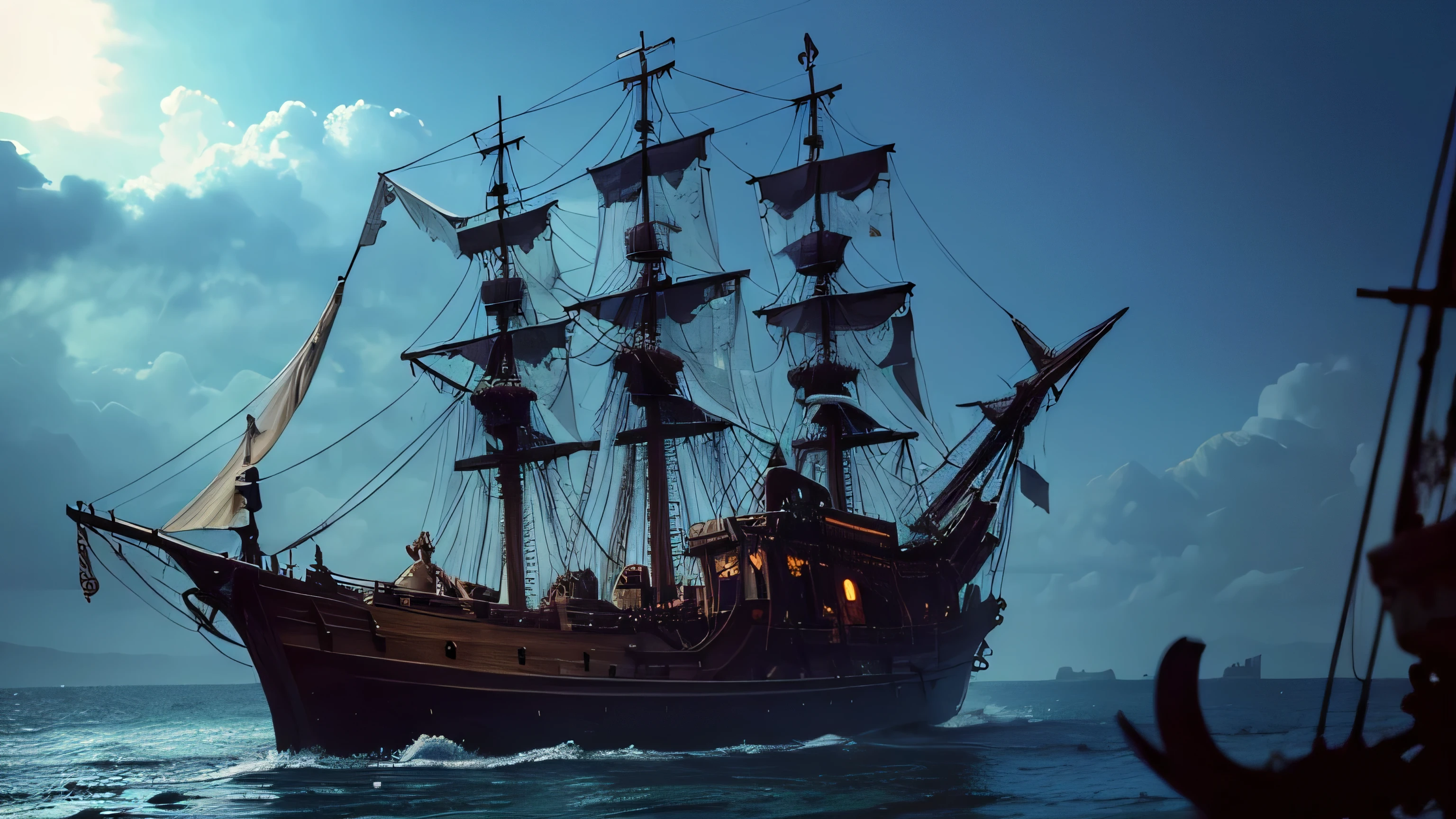 A haunted, decaying pirate ship with a statue of a mermaid on the prow.