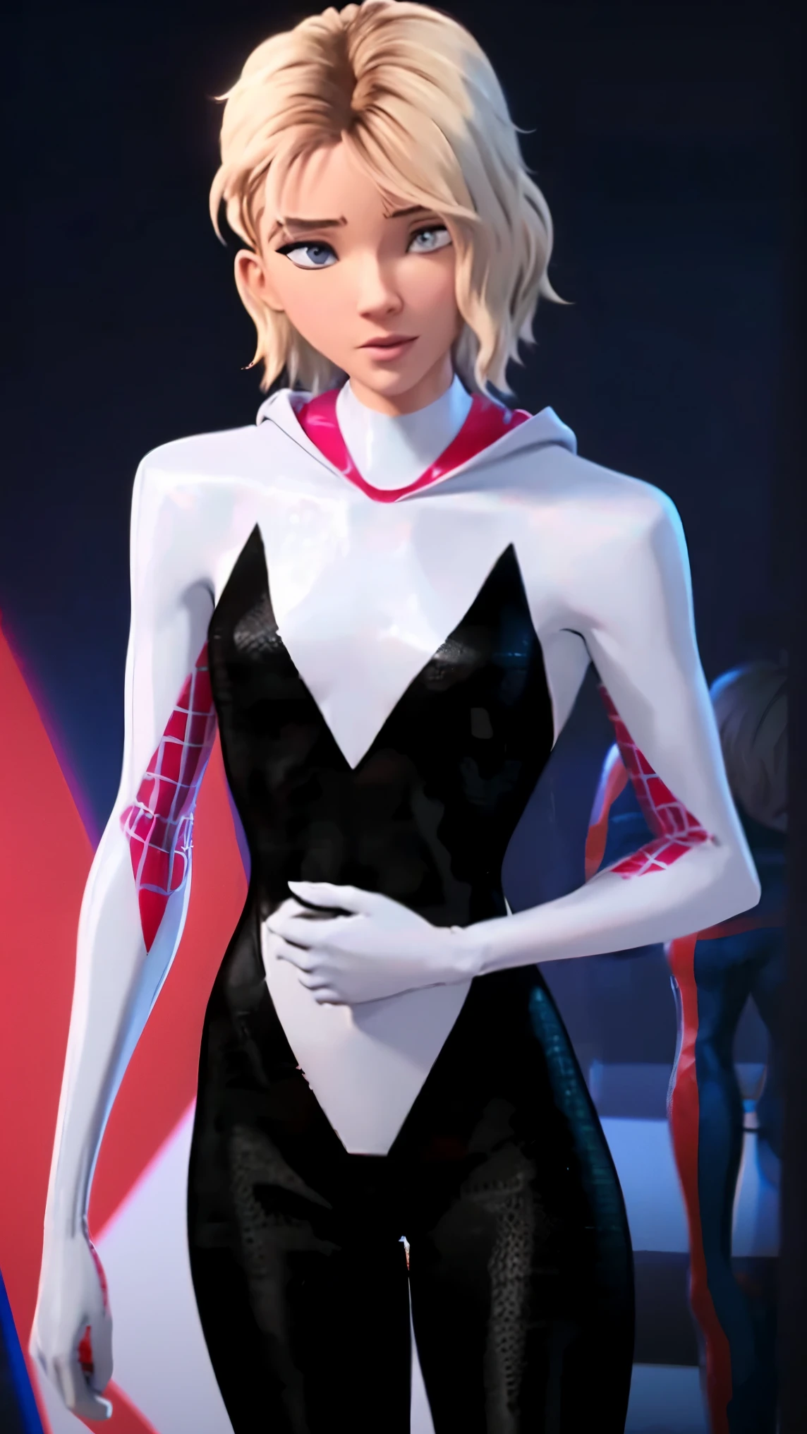 realistic, realism, photorealism, photo-realistic, high contrast, (photorealistic:1.4), (perfect female figure), 8k high definition detailed realistic, (best quality, masterpiece:1.2), photon mapping, radiosity, physically-based rendering, best quality, highly detailed, 1girl, spider gwen, standing sexy pose, original spider gwen suit, streatch her body sexy