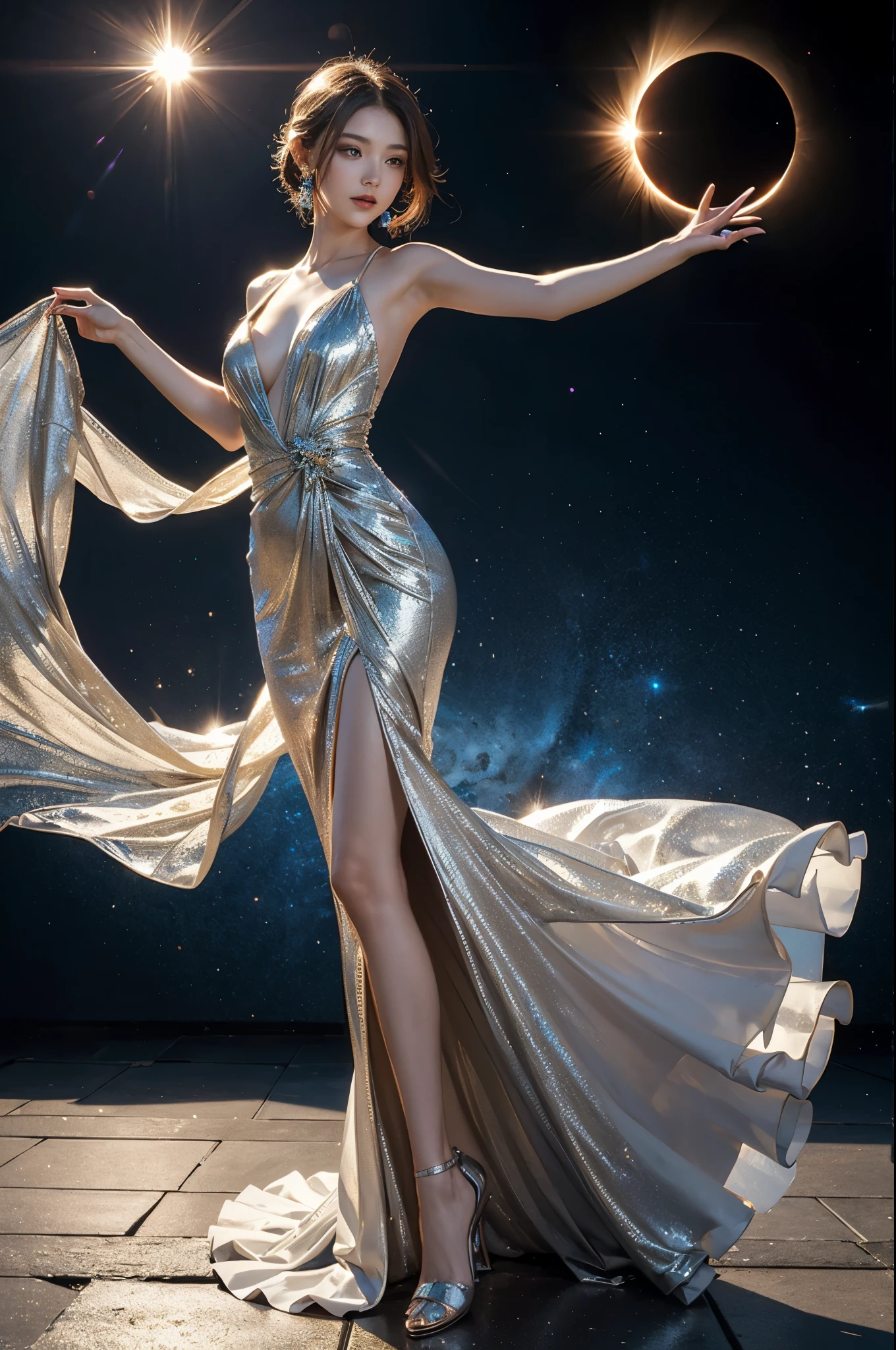 /I Liquid art, A beautiful woman using a gown in a dynamic pose against the background of a solar eclipse using an airbrush, reflective transparent and metallic finish --ar 9:16 --s 800