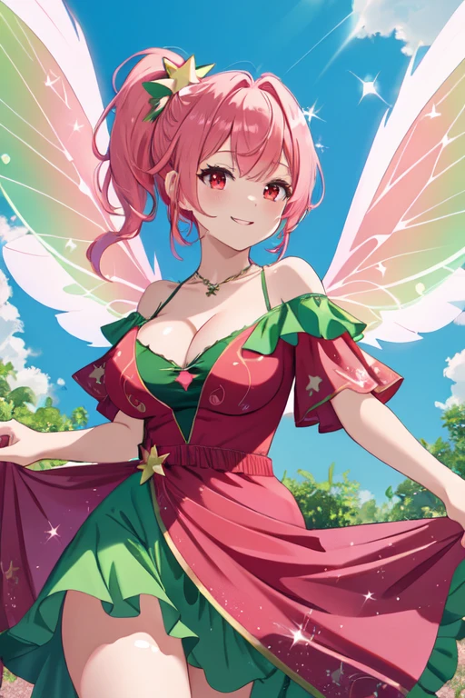 Ipusiron, pink hair, short hair, side ponytail, star hair ornament, red eyes, big breast, cleavage, green dress, off shoulder low-cut green dress, very short green dress, fairy wings, 4 wings, smile, happy, shy, full color, ((dress)),