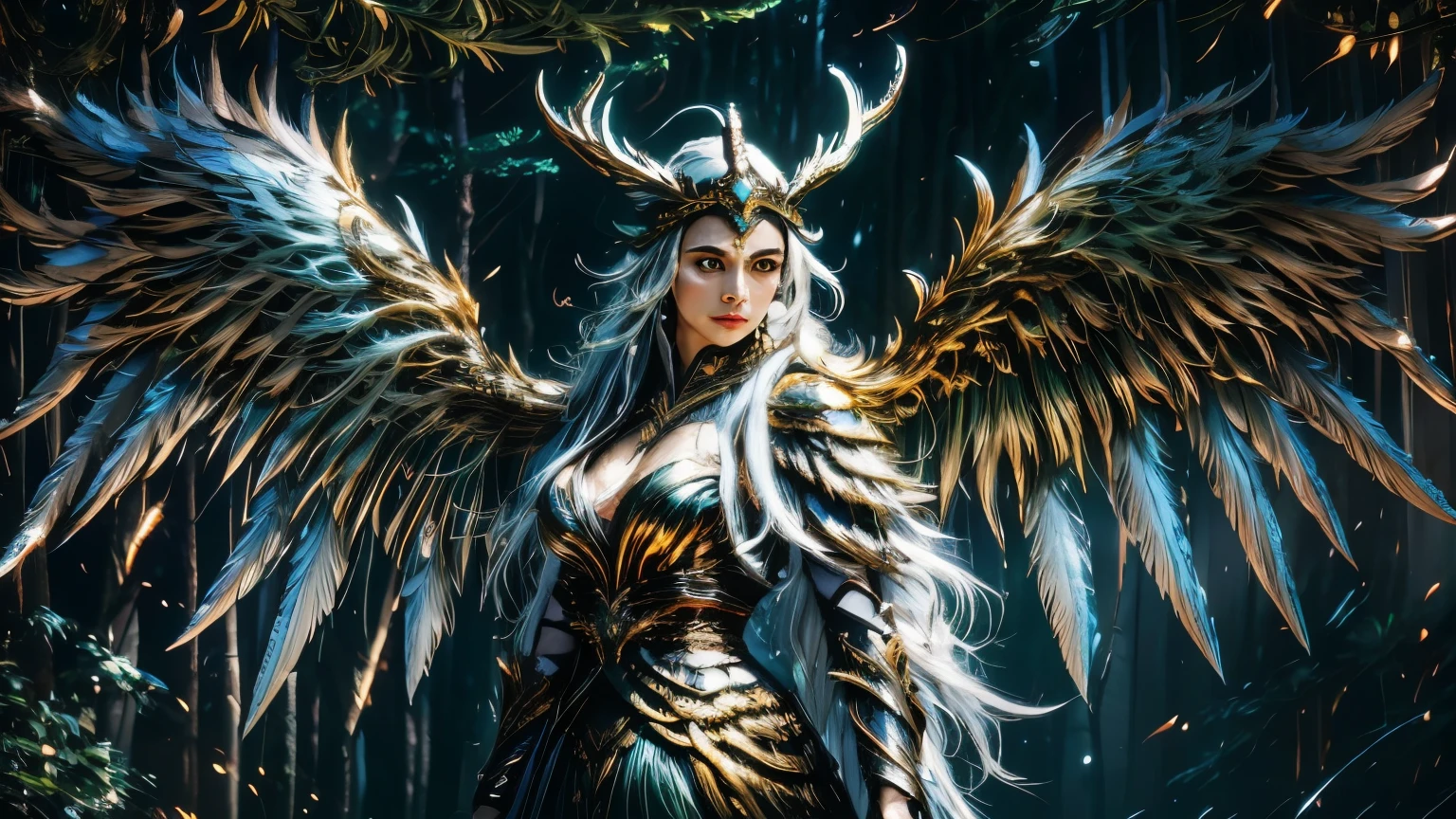 A majestic Valkyrie, adorned with wings, dashes through a verdant forest, her long, gleaming platinum locks streaming behind her. She wears a heroic helmet emblazoned with intricate designs, accentuating her regal and powerful demeanor. The ultra-detailed and hyper-realistic rendering captures every feather on her wings and each crevice on her armor, creating a stunning visual spectacle. Dramatic lighting illuminates the scene, casting a moody atmosphere and highlighting the vibrant colors of the lush foliage that surrounds her. Volumetric fog envelops the forest floor, creating a sense of mystery and magic as