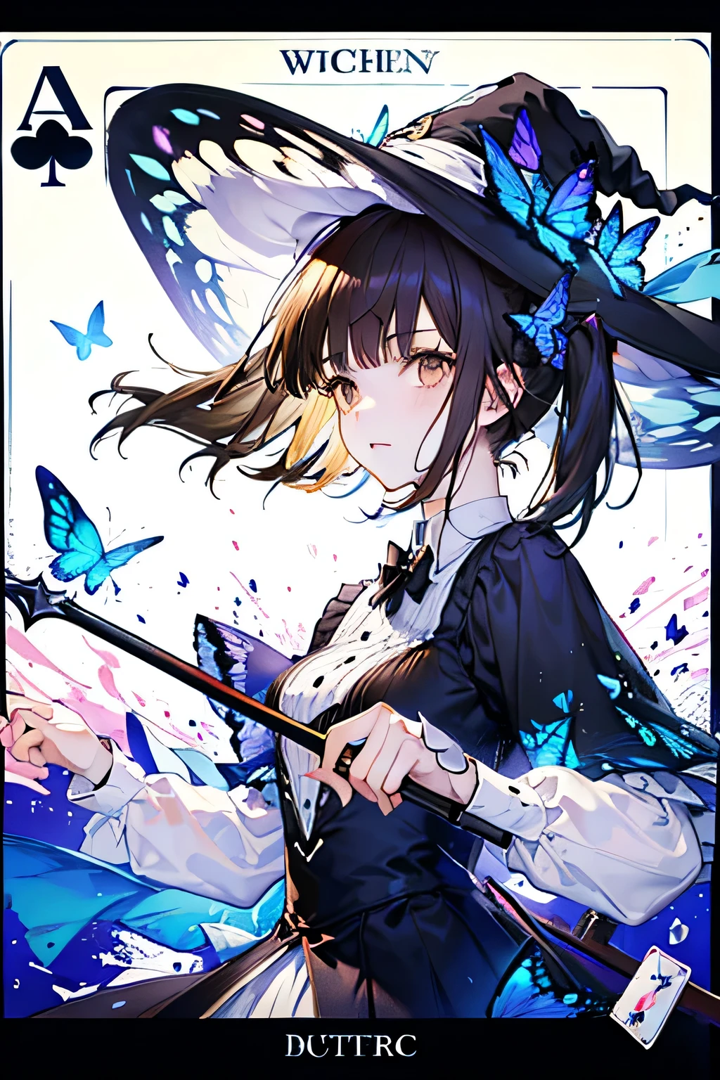 colorful butterfly,girl,full body,witch hat,(detailed face:1.2), Tarot border,The portrait is centered,(no weapon),, medium hair, black hair, twintails, blunt bangs, brown eyes,