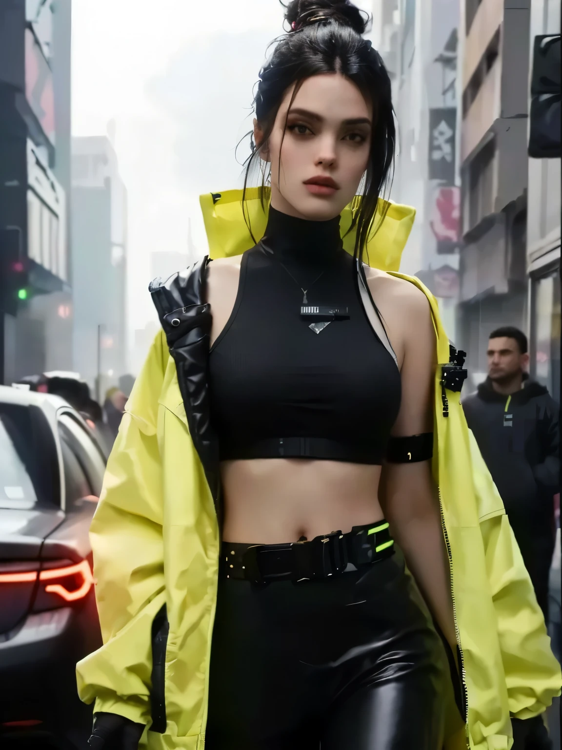 Araffe vistiendo un top negro y una chaqueta amarilla caminando por una calle., wearing ropa de calle ciberpunk, ropa de calle ciberpunk, cyberpunk 2 0 years. o model girl, tiene estilo cyberpunk, ropa de moda ciberpunk, ambiente ciberpunk, estilo de ciberpunk, ropa de moda cyberpunk, all black ropa ciberpunk, photograph of a woman in technological clothing, ropa ciberpunk, vistiendo chaqueta cyberpunk 2 0 7 7