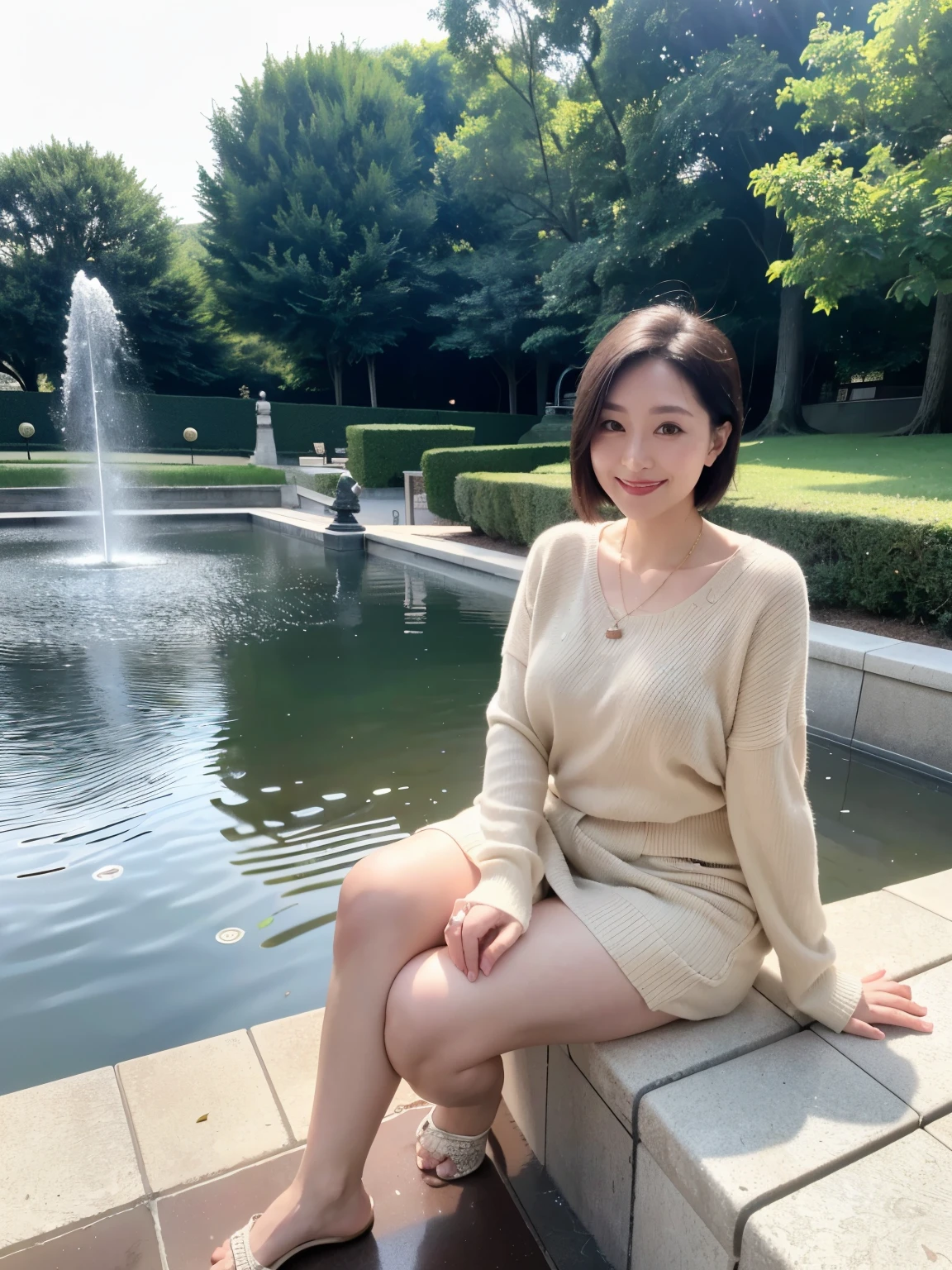 (highest quality, 8k, 32k, masterpiece, Ultra-high resolution:1.2),Beautiful Japanese Women Photos,（A little chubby）、（D cup breasts:1.4)、Very short bob hair,whole body,（Beige sweater:1.4）、（Skinny jeans：1.3）, Tiffany Necklace,  View your audience,smile、（In front of the fountain in the park：1.2）、（sunset：1.4）、（smile：1.4）