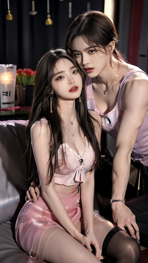 (((NFSW : 1.2))), (((pornography))), (realistic), (intricate details:1.2), (masterpiece、:1.3), (top quality:1.4), (Ultra A 안녕h resolution:1.2), Ultra high resolution, 8K resolution, very detailed expression, dark, (안녕h quality), complete anatomy, natural anatomy, full body photo, 1 lover couple, A man play in karaoke with a girl, The woman feels happy in his arms, 21 years old, (call girl:1.5), (prostitute: 1.5), (korean:1.8), (beautiful : 1.4), (shining blond hair), hoop earrings, heavy makeup, choker necklace, long legs, bracelet, colorful nail art, an alluring appearance, (wearing flesh colored realistic pantyhose:1.2), (high heel:1.2), (The clothes she wears are feminine skirt dresses.:1.2), glowing skin, (She sits on the sofa in her room and engages in skinship with men who love her body. :1.3), (She is being sexually harassed by them.. : 1.5), 남자들은 그녀의 허리를 안고 그녀의 허벅지를 만지며 caress한다, kiss, caress, (Karaoke Room : 1.5), Karaoke Room 장비, stage lighting, whiskey and fruit on the table, (detailed background:1.2), She is having a lewd time with Korean men.., Now she is owned by those men., Men are wearing long pants and shoes, Their hair is brown and short., Cool looking guys harassing a girl together., they are fascinated by her.,