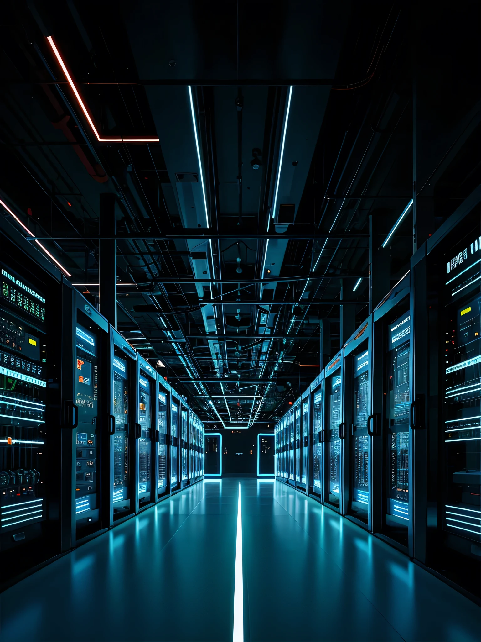 Vector illustration design with modern data center theme. The image should show a row of servers with blue LED lights on and various floating technology icons representing data, networking, and security. Use a color palette that reflects a futuristic and high-tech atmosphere, such as blue, black, and white. Make sure the design looks complex and detailed, with visual elements that depict data flow and interconnections between devices