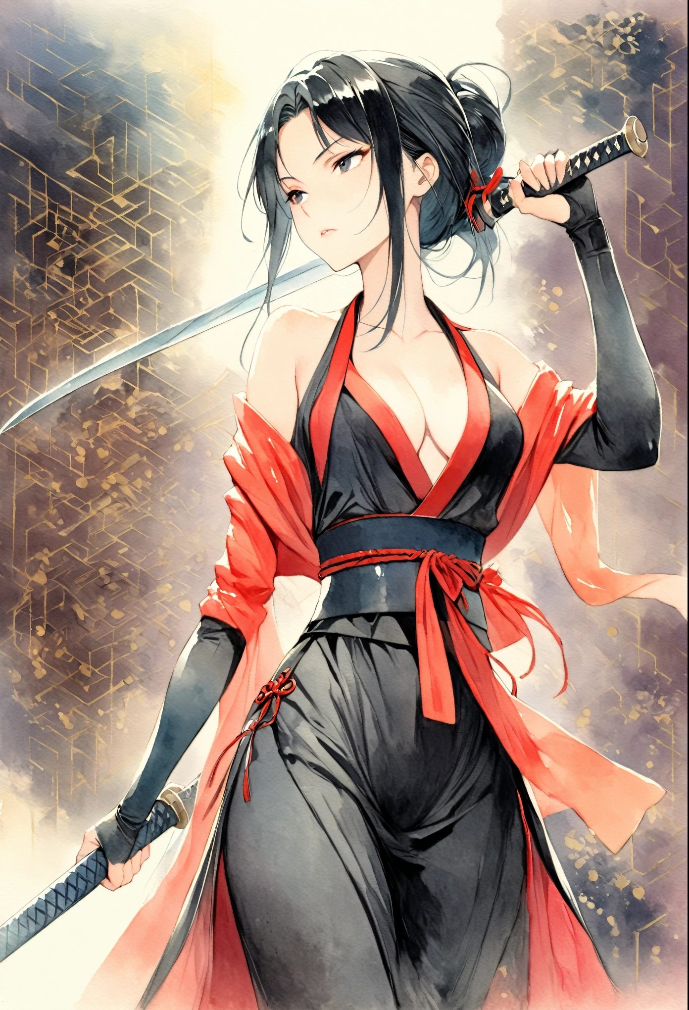 masterpiece, Best quality, Drawing of a black-haired futuristic female ninja illustration, watercolor (medium), 1girl, breast, Dressed in sophisticated modern ninja costumes,Equipped with traditional and technological weapons. She has long black hair,Tied with a red ribbon and a symbol。She must be wearing a high-end black outfit with red accents,These include letters. She holds a dagger,The hilt and scabbard have intricate patterns. The background is the Edo period, Five fingers, Right fist.