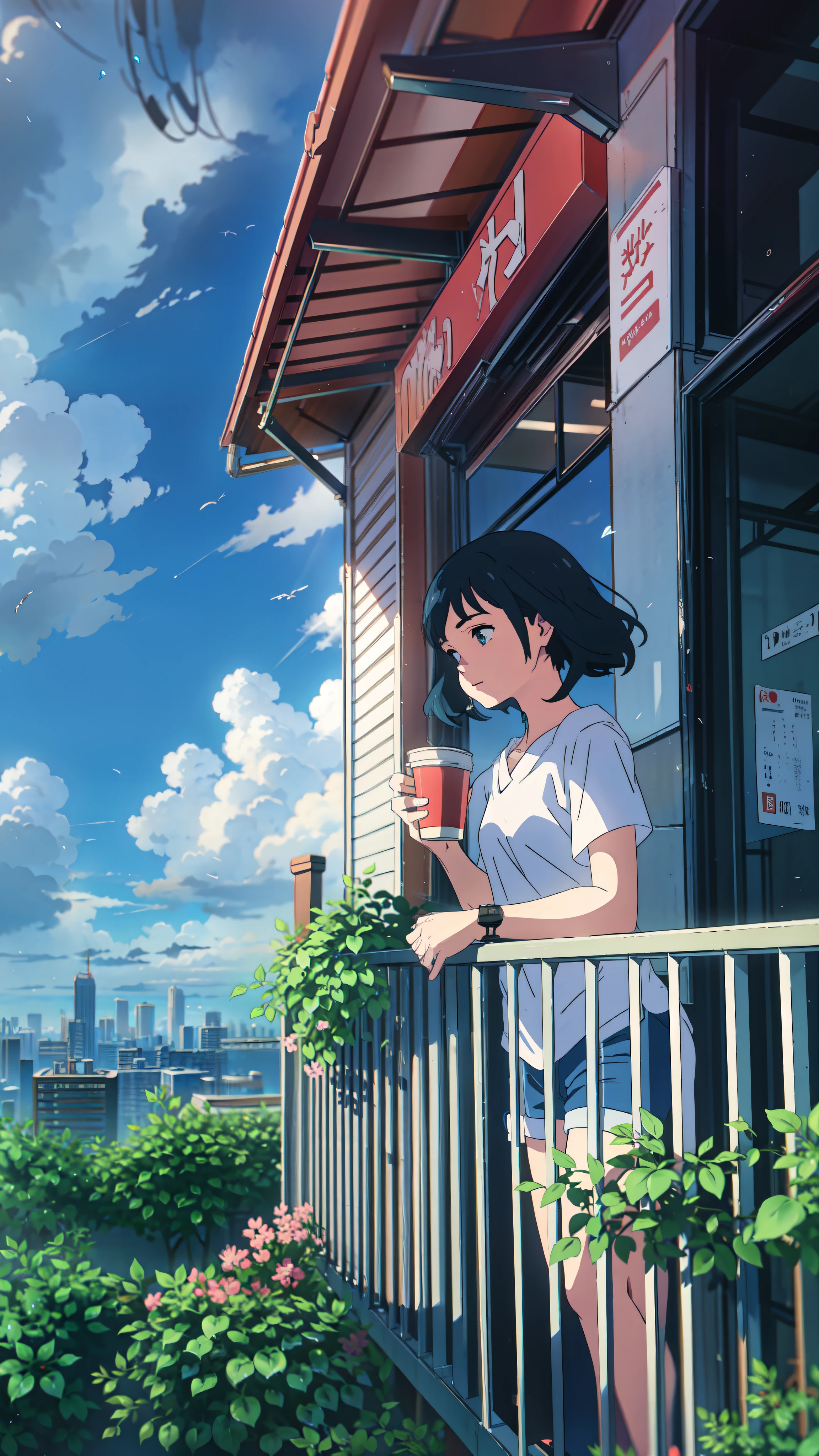 a girl standing on a balcony with a cup of coffee, cgsociety 9, chillhop, alena aenami and artgerm, makoto shinkai and artgerm, lofi girl aesthetic, anime scenery, makoto shinkai and (cain kuga), lofi aesthetic, anime landscape, anime nature, roof background, anime wallaper