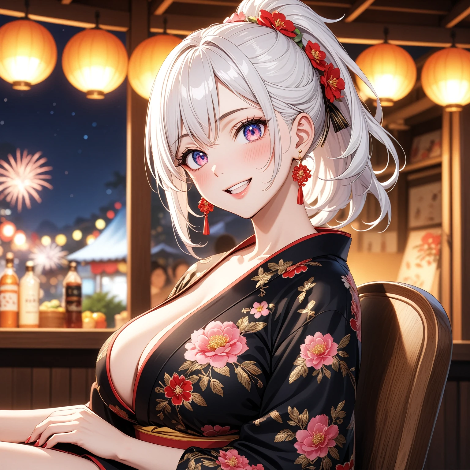 ((one personの女性)), Beautiful Face,Laughing embarrassedly,Laughing with your mouth open,Bright red cheeks,Glossy pink lips,night,Festival stalls on the riverbank,firework,((Anime style background)),masterpiece, highest quality, so beautiful, Latest, Complex details, (Pink long nails),AI-generated, Complex,High resolution, highest quality, super high quality,3D Images、View your viewers、3D Images,one person,Long white hair,High Ponytail,blue eyes,Anime woman posing for a photo, (Fine grain、Colorful eyes、Shining Eyes:1.2),(Squint your eyes:1.1),a hyperRealistic , hyperRealistic , Realistic,Anime woman with long and white hair, Smooth anime CG art, A woman in a colorful kimono with gold embroidery, (Black kimono),Red floral pattern,Long flower hair ornament,Big earrings,,Mature Body,(Big Breasts:1.1)Tall,Big Ass,Fine details,Narrow waist,(Face close-up:1.5),Bevel the background,Sit on a chair