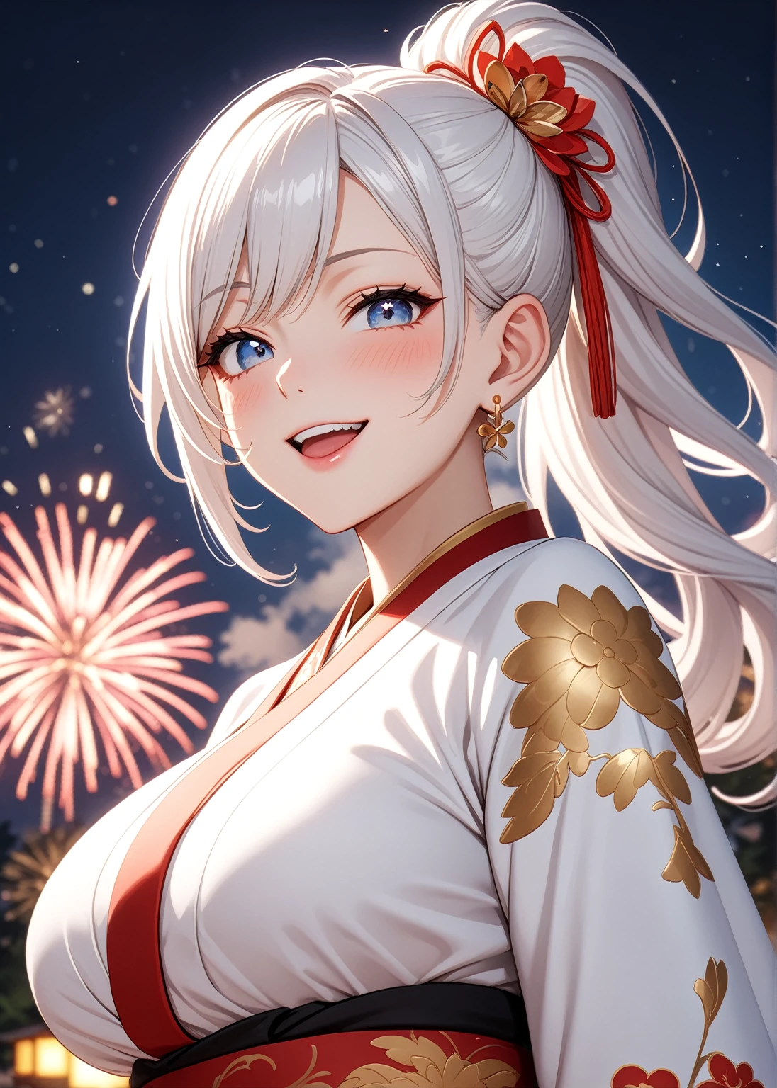 ((one personの女性)), Beautiful Face,Laughing in annoyance,((Wink:1.7)),Laughing with your mouth open,Bright red cheeks,Glossy pink lips,night,Superior Japanese room,firework,((Anime style background)),masterpiece, highest quality, so beautiful, Latest, Complex details, (Pink long nails),AI-generated, Complex,High resolution, highest quality, super high quality,3D Images、View your viewers、3D Images,one person,Long white hair,High Ponytail,blue eyes,Anime woman posing for a photo, ((Fine grain、Colorful eyes、Shining Eyes:1.1)),(Squint your eyes:1.1),a hyperRealistic , hyperRealistic , Realistic,Anime woman with long and white hair, Smooth anime CG art, A woman in a colorful kimono with gold embroidery, (White kimono),Red floral pattern,Long flower hair ornament,Big earrings,Mature Body,(Big Breasts:1.2),Tall,Big Ass,Fine details,Narrow waist,(Face close-up:1.5),Diagonal Background,Bending the hips