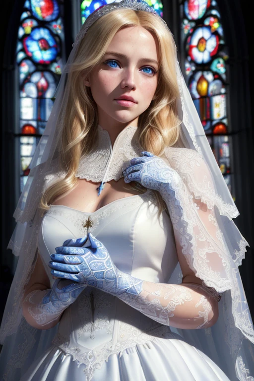 (((medium full shot))), (photorealistic, photorealism, best quality, ultra-detailed:1.3), (nice hands, perfect hands), official art, cinematic light, (1girl:1.3), adult, (blonde hair:1.1), (blue eyes), (European:1.2), bride, wedding dress, church, stained glass, happy