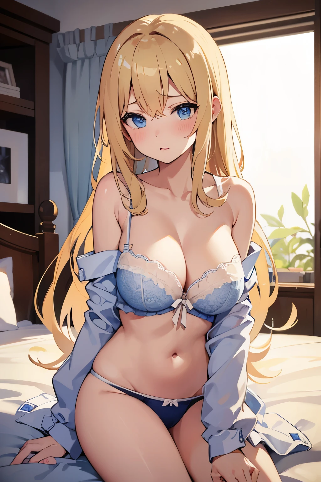 Blonde、Blue Eyes、Embarrassed look、Blushing、Beautiful breasts、See-through underwear、Bed in the background