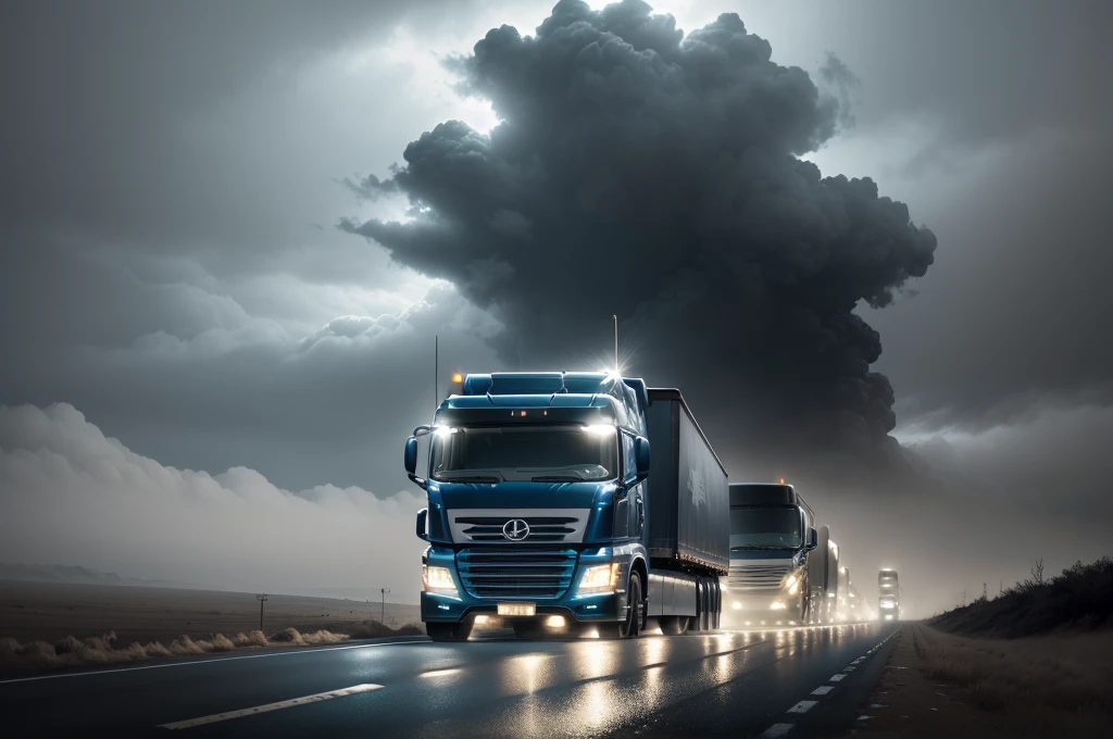 a dramatic night landscape, a large truck driving on a road in heavy fog, hyper detailed, cinematic lighting, moody atmosphere, 4k, 16:9, realistic, photorealistic, ultra-detailed, stunning, dramatic clouds, moody lighting, volumetric fog, wet road surface, headlights illuminating the fog, sense of isolation and mystery, atmospheric, dark tones, blue and gray color palette, dramatic shadows and highlights