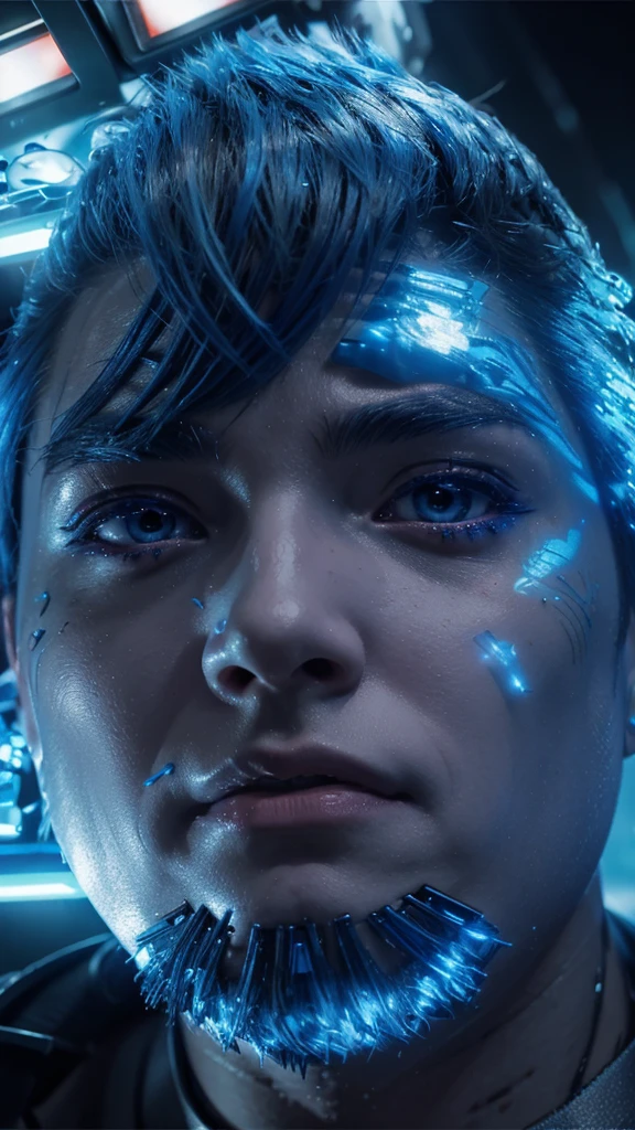 a young anime man with vibrant blue hair, robotic cyberpunk eyes, detailed facial features, intricate cybernetic enhancements, dramatic lighting, science fiction, cinematic composition, vivid colors, digital art, highly detailed, photorealistic, 8k, award winning illustration,ObscuraVivid