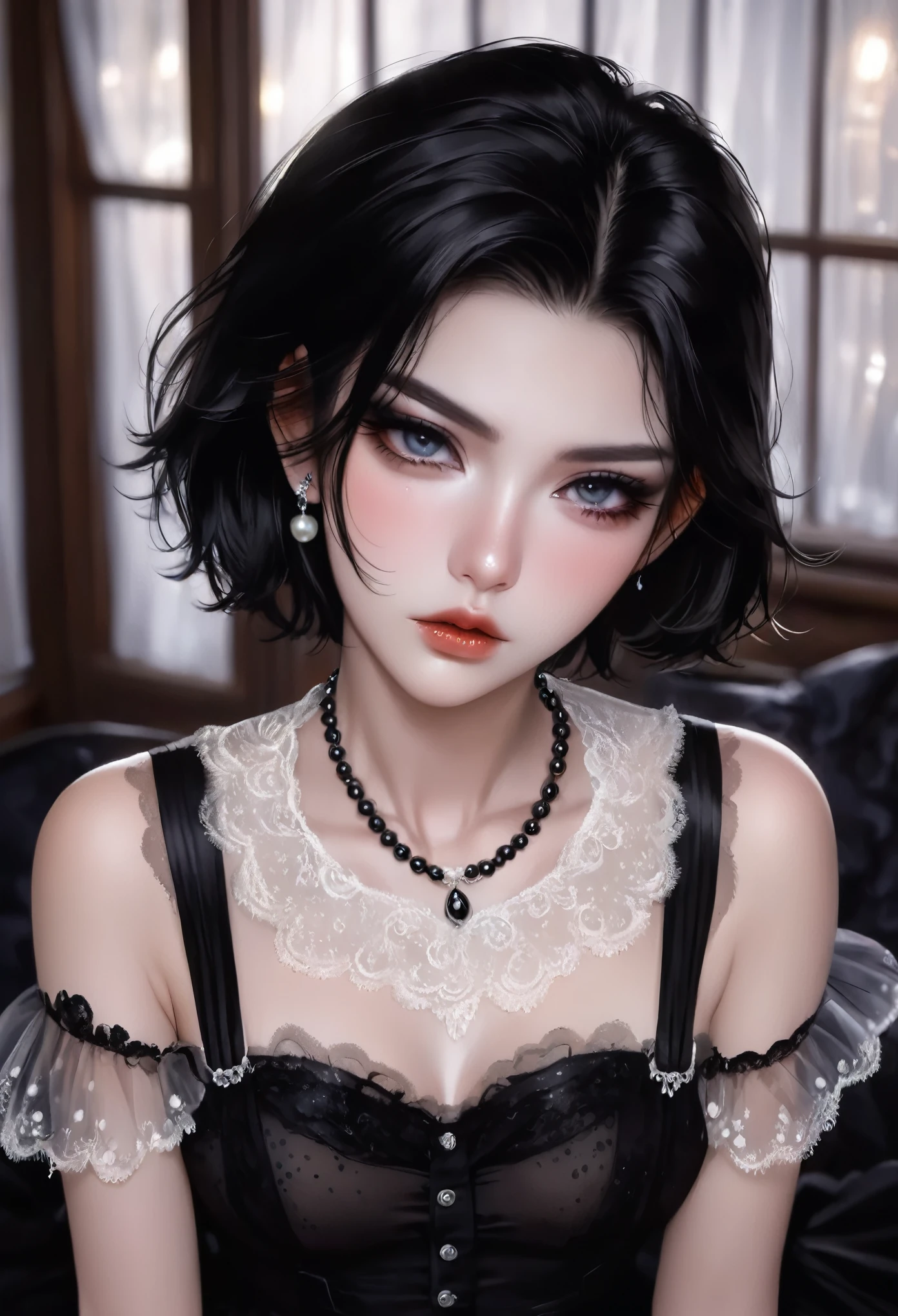 1 Girl，Sexy，Short flowing black hair，Hair shine，Skin details，Beautiful facial features，Exquisite makeup，Exquisite eyes，Eye details，Dark eyeshadow，small freckles，Pearl necklace，full，Black suspender skirt，White tulle lace，Shoulder，arm