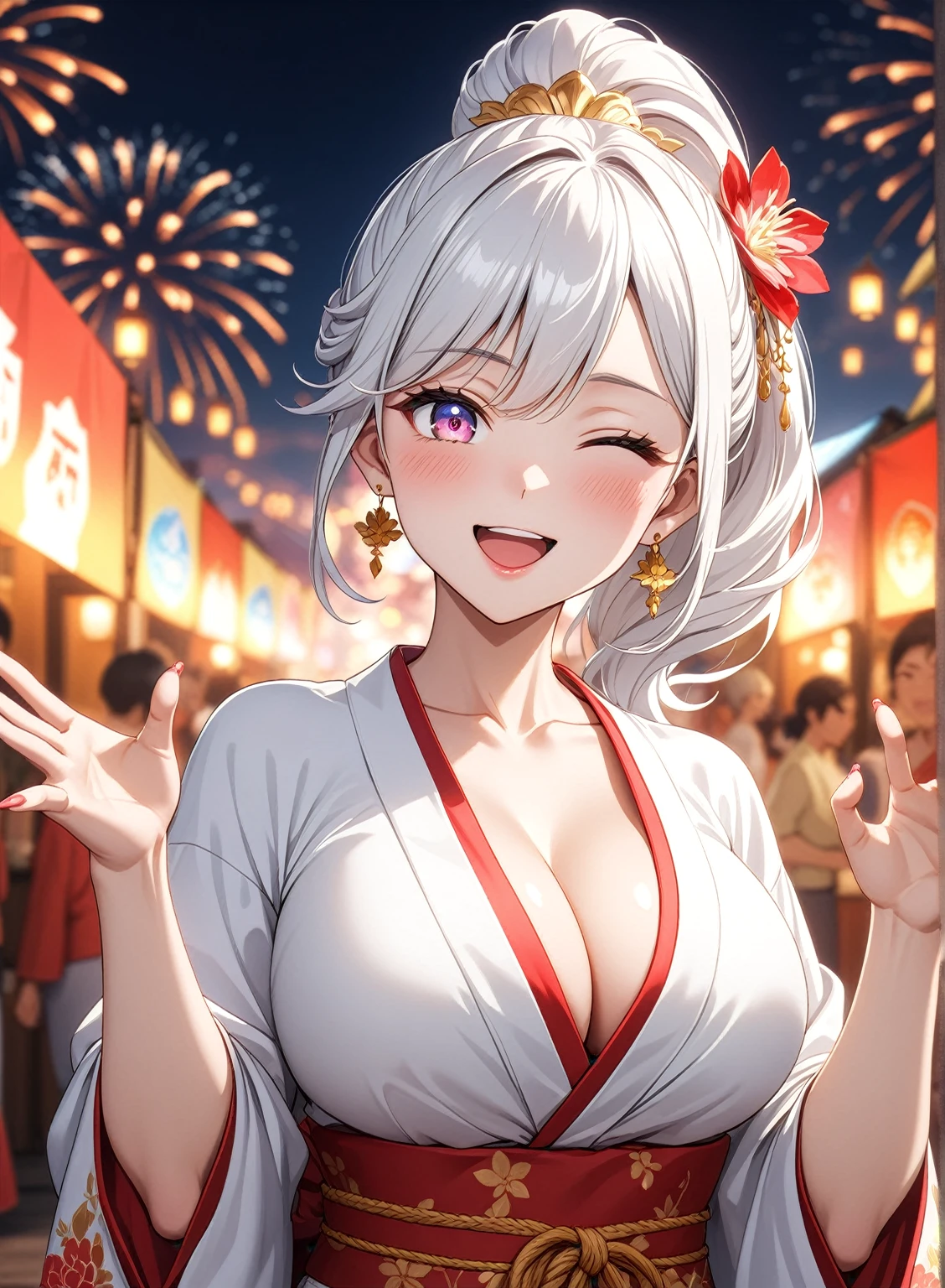 ((one personの女性)), Beautiful Face,Laughing embarrassedly,((Wink:1.8)),Laughing with your mouth open,Bright red cheeks,Glossy pink lips,night,Festival stalls on the riverbank,firework,((Anime style background)),masterpiece, highest quality, so beautiful, Latest, Complex details, (Pink long nails),AI-generated, Complex,High resolution, highest quality, super high quality,3D Images、View your viewers、3D Images,one person,Long white hair,High Ponytail,blue eyes,Anime woman posing for a photo, ((Fine grain、Colorful eyes、Shining Eyes:1.1)),(Squint your eyes:1.1),a hyperRealistic , hyperRealistic , Realistic,Anime woman with long and white hair, Smooth anime CG art, A woman in a colorful kimono with gold embroidery, (White kimono),Red floral pattern,Long flower hair ornament,Big earrings,Mature Body,(Big Breasts:1.2),Tall,Big Ass,Fine details,Narrow waist,(Face close-up:1.5),Diagonal Background,(wave hands)