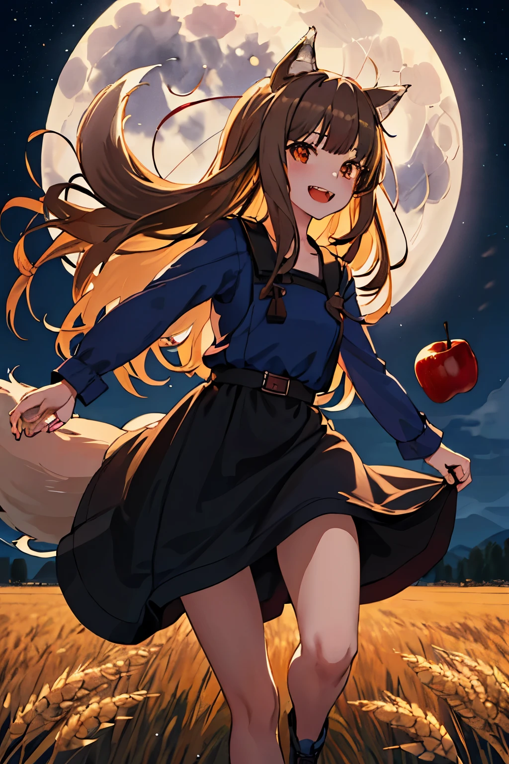 highest quality、High resolution、1 girl、alone、犬teeth、teeth、(Bangs alignment、Light brown hair、Wolf Ears、Ending、Run、Navy Blue Dress、Wheat field at night、full moon、Has a big tail、She has an apple