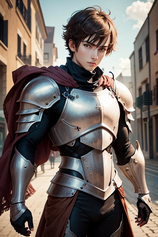 anime knight man with armor short brown hair and brown eyes