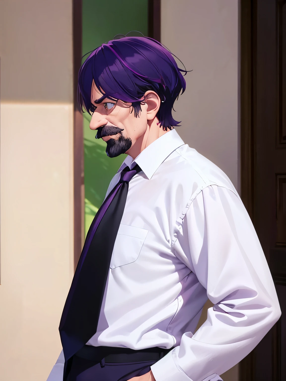 1 old man, 70 years old, short hair,standing,Hands on chest, purple hair, green eyes, purple mustache,Long black trousers, white shirt, tie,ultra detail, ultra HD, standing,Facing right, camera angle from the side, photo from the side, looking away,Thin body,half body photo
