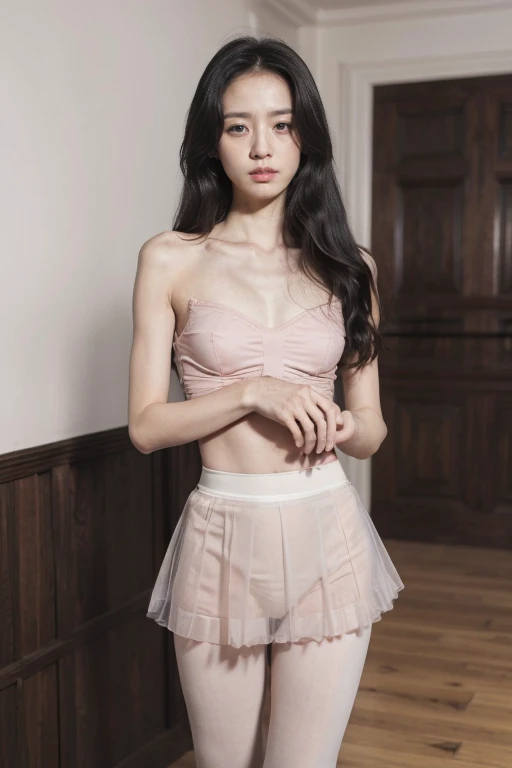 A woman,Ballet Dancer,Ballet, with long black hair, Staring to the side, Gloomy air, masterpiece, best quality, Practical, 1 person, Female focus, Shy,Shy表情。blush,(Detailed face,Beautiful face), (Detailed skin texture), Full body portrait, Extremely detailed face, (short hair), Low-cut tops,((Ballet skirt:1.3)),(Very long legs),Elegant temperament