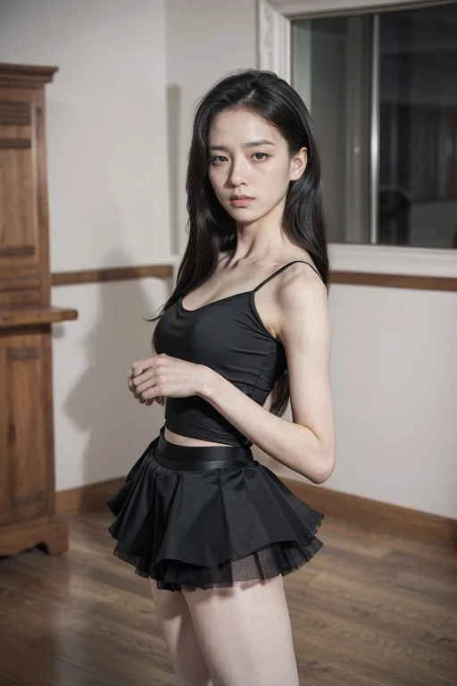 A woman,Ballet Dancer,Ballet, with long black hair, Staring to the side, Gloomy air, masterpiece, best quality, Practical, 1 person, Female focus, Shy,Shy表情。blush,(Detailed face,Beautiful face), (Detailed skin texture), Full body portrait, Extremely detailed face, (short hair), Low-cut tops,((Ballet skirt:1.3)),(Very long legs),Elegant temperament