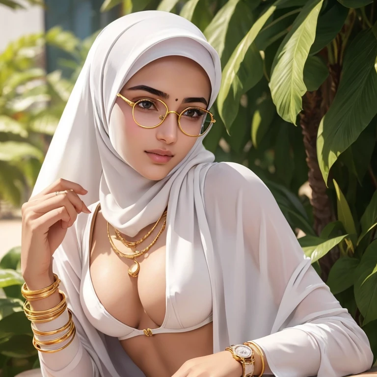 A beautiful high school glasses Arabian girl model, white skin, sharp nose, thin lips, circle face, tight bra, wearing hijab, golden indian bangle and bracelet, golden necklace, golden swiss polo watch, kissing a man, squinting eyes, detailed horny face