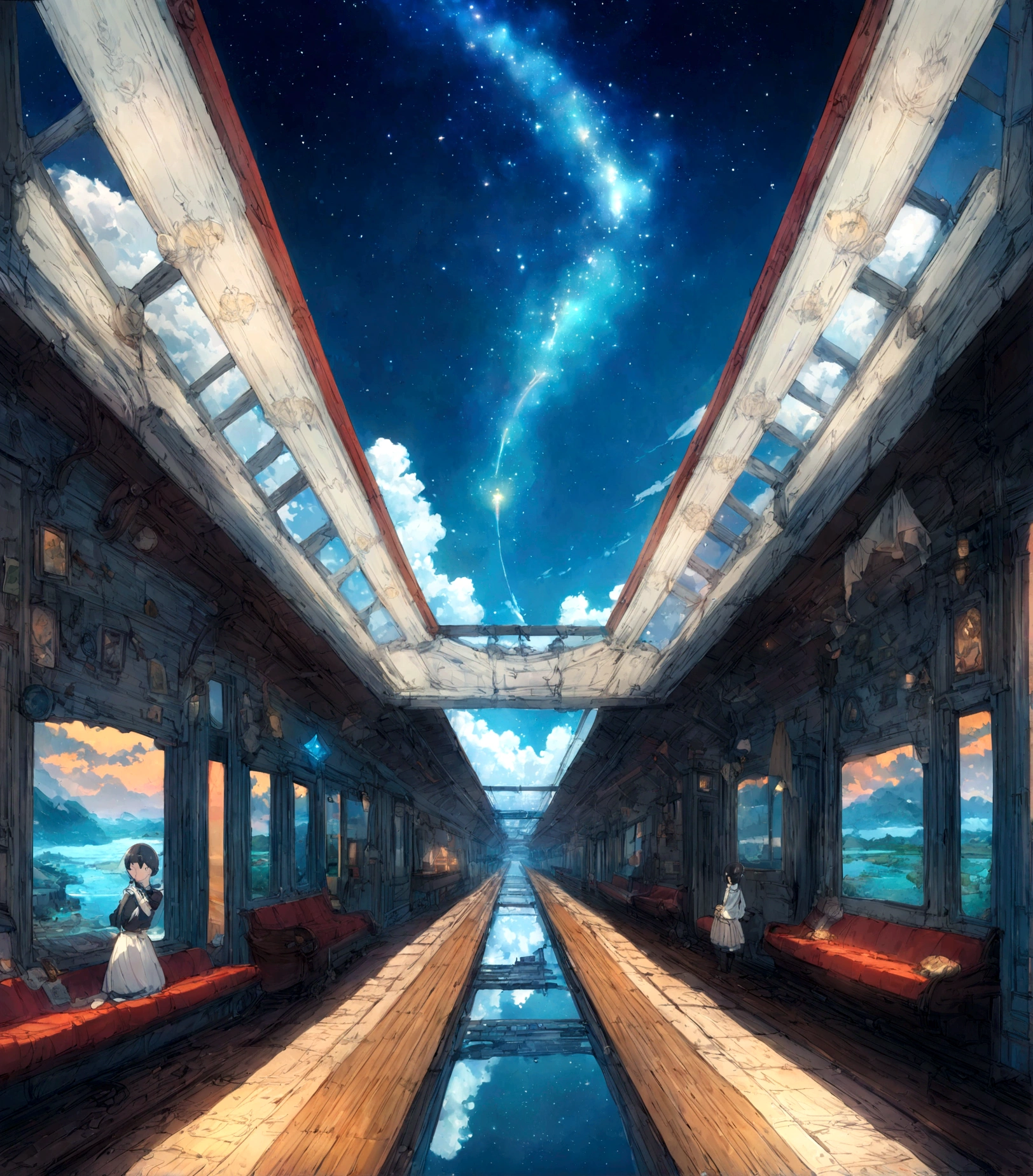 High quality masterpieces, landscapes, clouds, anime train passing water bodies on railway tracks in the distance, bright starry sky. traveler, romantic lights, pixiv, concept art, lofi art style, reflection. Makoto Shinkai, rophy art, beautiful anime scenes, anime scenery, detailed scenery — width 672, Makoto Shinkai's style, Makoto Shinkai's style, enhanced details.