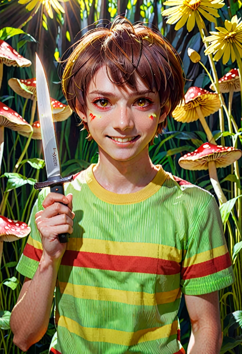 Red eyes, girl, holding a knife, yellow-green striped shirt with thicker stripes, red eyes glowing red, head tilted, short brown hair mushroom head, with a clear smile on his face, Chara, two-dimensional, standing among golden flowers with a ray of light above his head