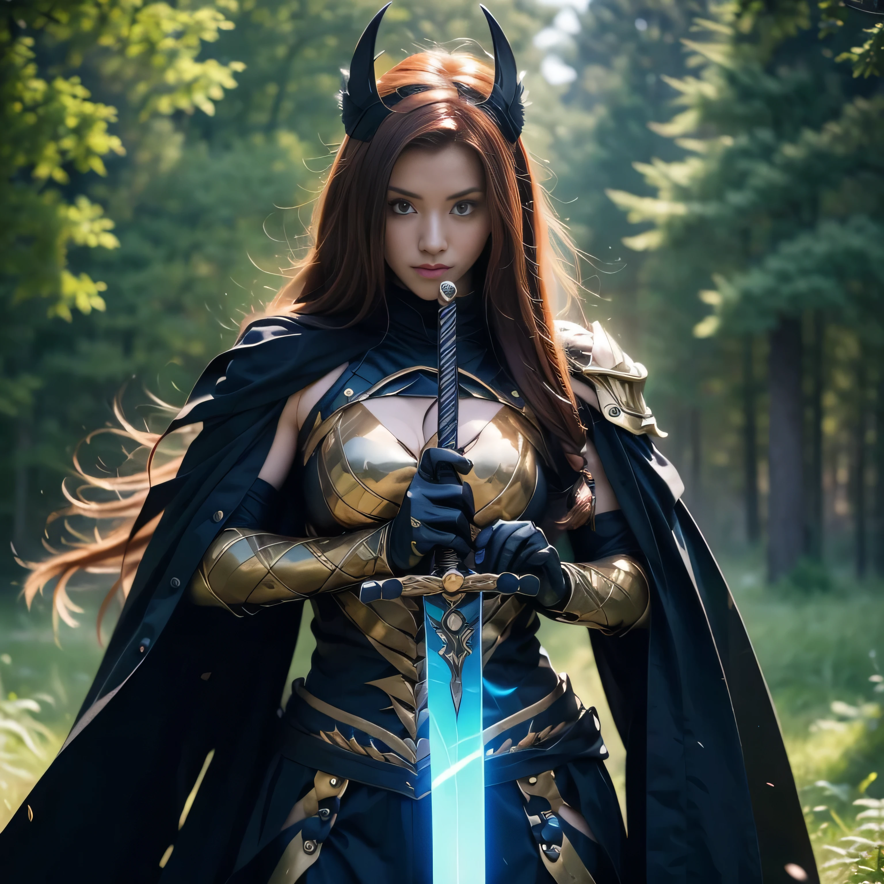 photorealistic, masterpiece, photorealistic, high resolution, soft light, hips up, arm up, blue eyes, ginger hair, long hair, Intricate details EABA, cloaks, Ninja, Armor, warrior, holding sword, glowing sword, sword up, weapon, sharpen sword, samurai helmet, Kushina Uzumaki, Konoha forest, Mist village