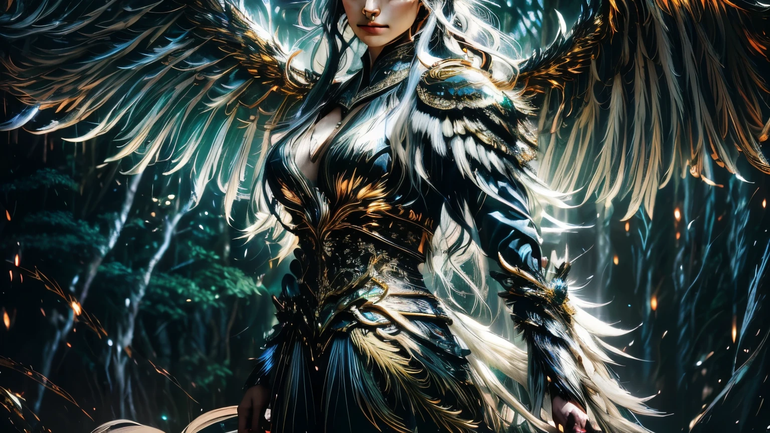 A majestic Valkyrie, adorned with wings, dashes through a verdant forest, her long, gleaming platinum locks streaming behind her. She wears a heroic helmet emblazoned with intricate designs, accentuating her regal and powerful demeanor. The ultra-detailed and hyper-realistic rendering captures every feather on her wings and each crevice on her armor, creating a stunning visual spectacle. Dramatic lighting illuminates the scene, casting a moody atmosphere and highlighting the vibrant colors of the lush foliage that surrounds her. Volumetric fog envelops the forest floor, creating a sense of mystery and magic as