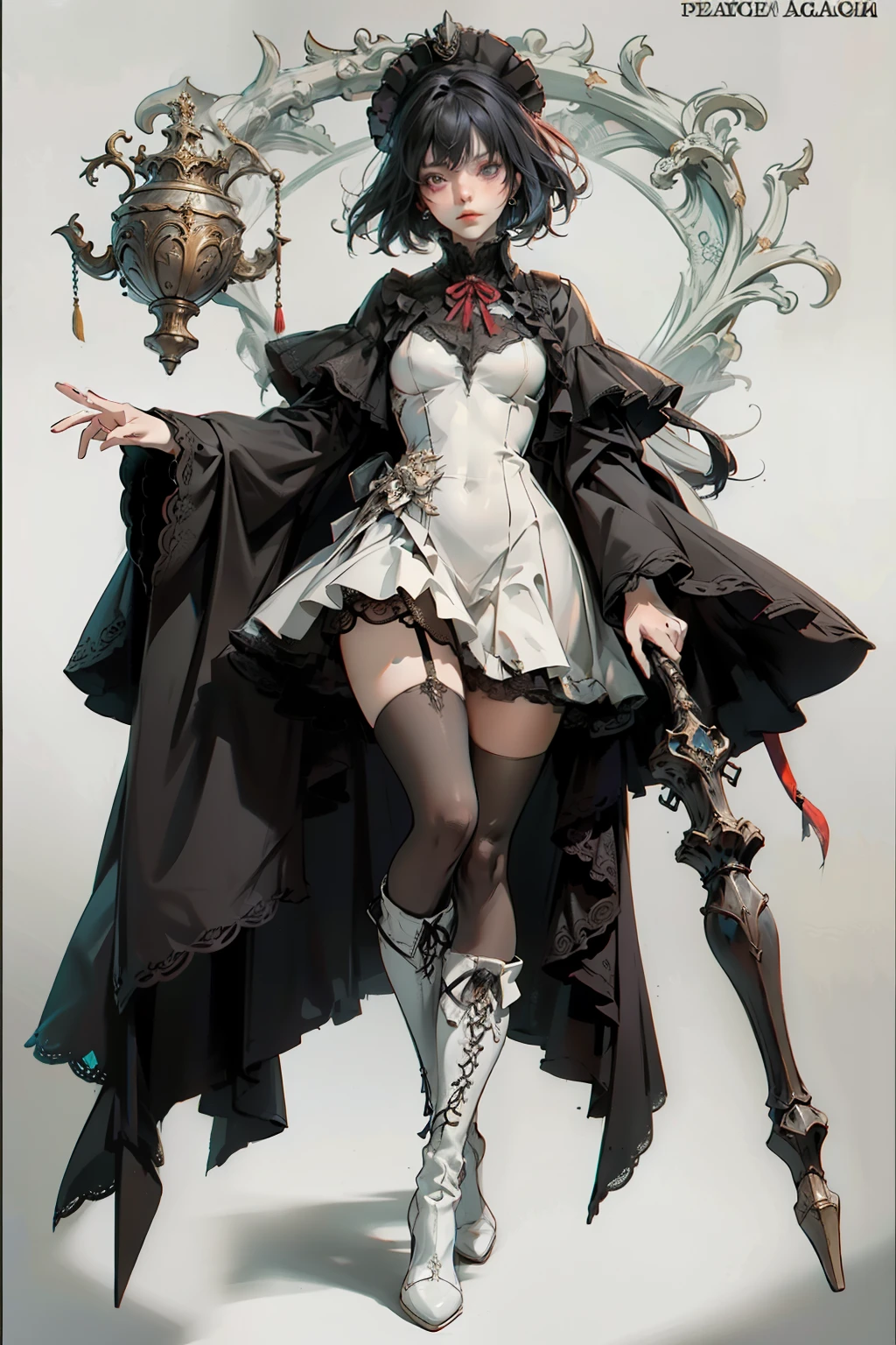 ((best quality)), ((masterpiece)), (detailed), blank white background, plain background, white background, red and white clothing, Bloodborne inspired, occult aesthetic, occult, detailed and intricate steampunk and detailed gothic, NSFW, Very dramatic and cinematic lighting, cosmic horror, grim-dark, side-lighting, perfect face, NSFW, Fluttering lace flared long knee length dress with frilly petticoats, knee length dress, pleated petticoats, ta dress, petticoats gothic lolicomplex lace boots, side-lighting, gothic lolita aetic, with a huge overflowing chalice, chalice, NSFW, beautiful small breasts, small breasts, full body, whole body, body, plain background, white background, blank background, no background, white background NSFW, full body, whole body, head-to-toe NSFW