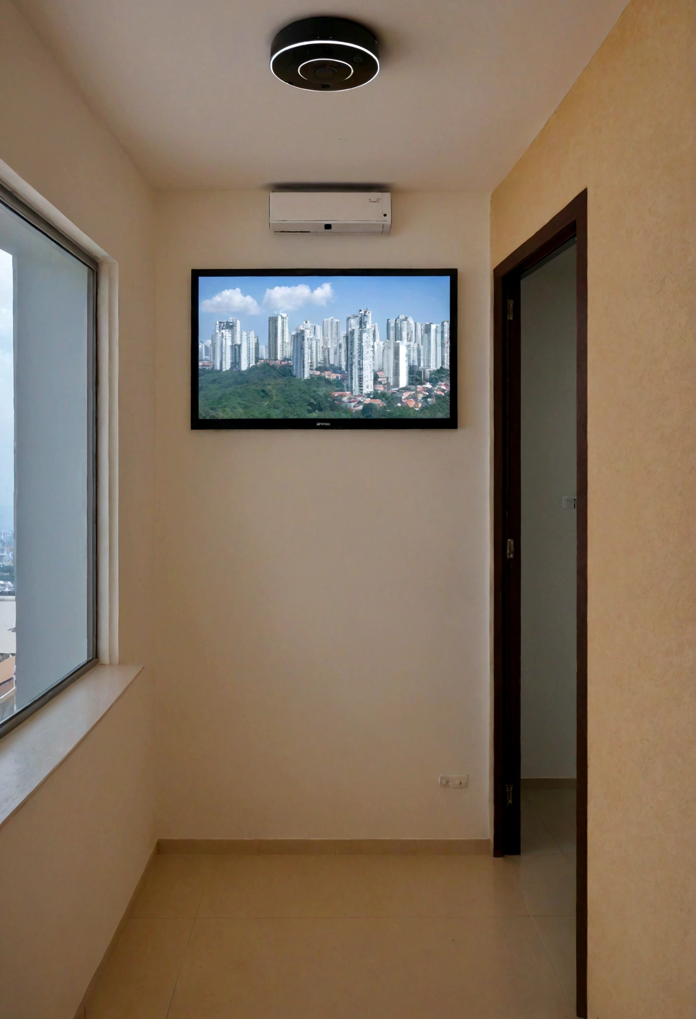 A view from inside a modern apartment, mas frio e impessoal. No canto do teto, uma surveillance camera monitora todos os movimentos. The wall has a digital screen showing residents' personal information, like schedules, activities and compliance levels. Uma janela mostra a vista da cidade, reinforcing the feeling of being constantly watched.
Elementos-chave: Apartamento moderno, surveillance camera, digital screen with personal information, vista da cidade pela janela.