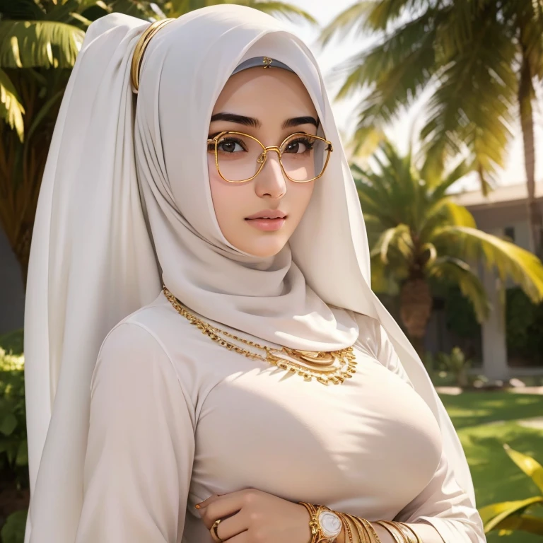 A beautiful high school glasses Arabian girl model, white skin, sharp nose, thin lips, circle face, (big breast)、tight bra, wearing hijab, golden indian bangle and bracelet, golden necklace, golden swiss polo watch, kissing a man, squinting eyes, detailed horny face