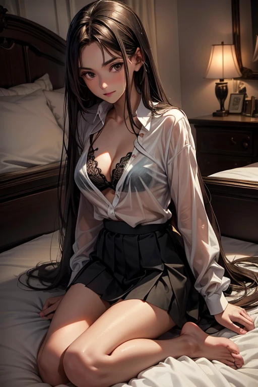 Italian girl, very long brown hair, 25 years old, super gigantic wet breasts, lying tied hand and foot to a bed, wearing a torn blouse, small pleated black miniskirt, bare feet, black lace bra, unbuttoned shirt, bedroom dark