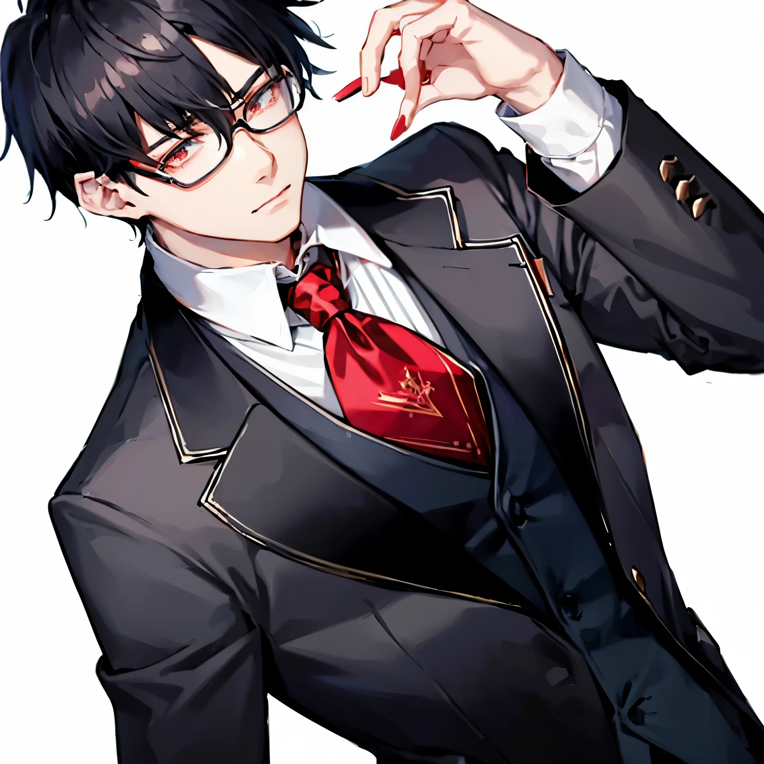1boy, black_medium_hair, asymmetrical_bangs, glasses, red_waistcoat, white_dress_shirt, navy_blue_ascot_tie