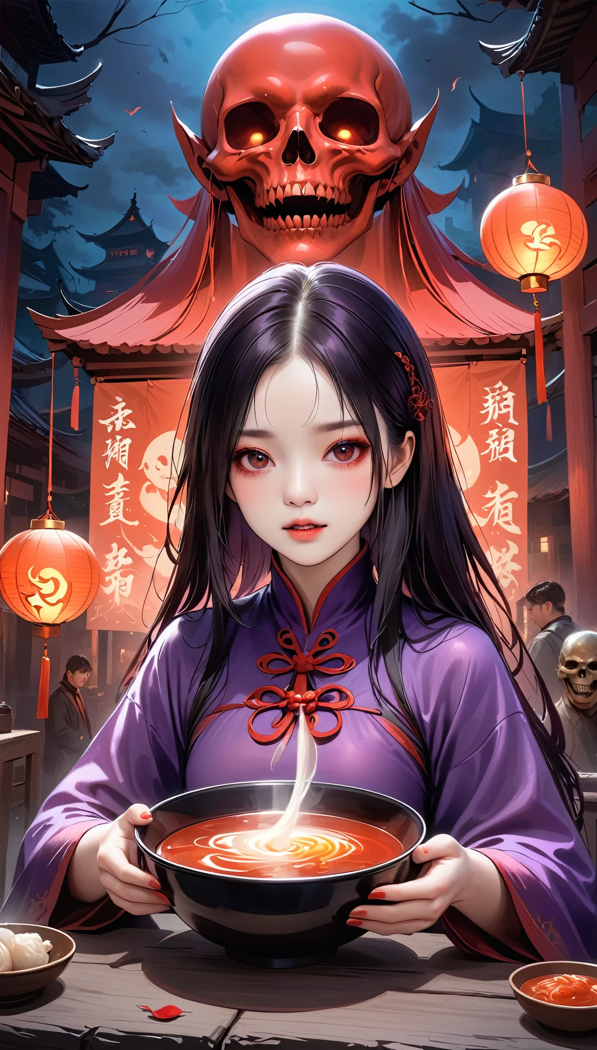 a Chinese ghost story, a ghostly bridge, Meng Po serving soul soup, ghost festival, terrifying, detailed portrait of a female ghost with long black hair, pale skin, sunken eyes, sharp teeth, dark energy, dark shadows, moody lighting, deep red and purple color tones, photorealistic, masterpiece, 8k, ultra-detailed, hyper realistic, dramatic lighting, eerie atmosphere, dark fantasy, cinematic, horror, creepy, unsettling