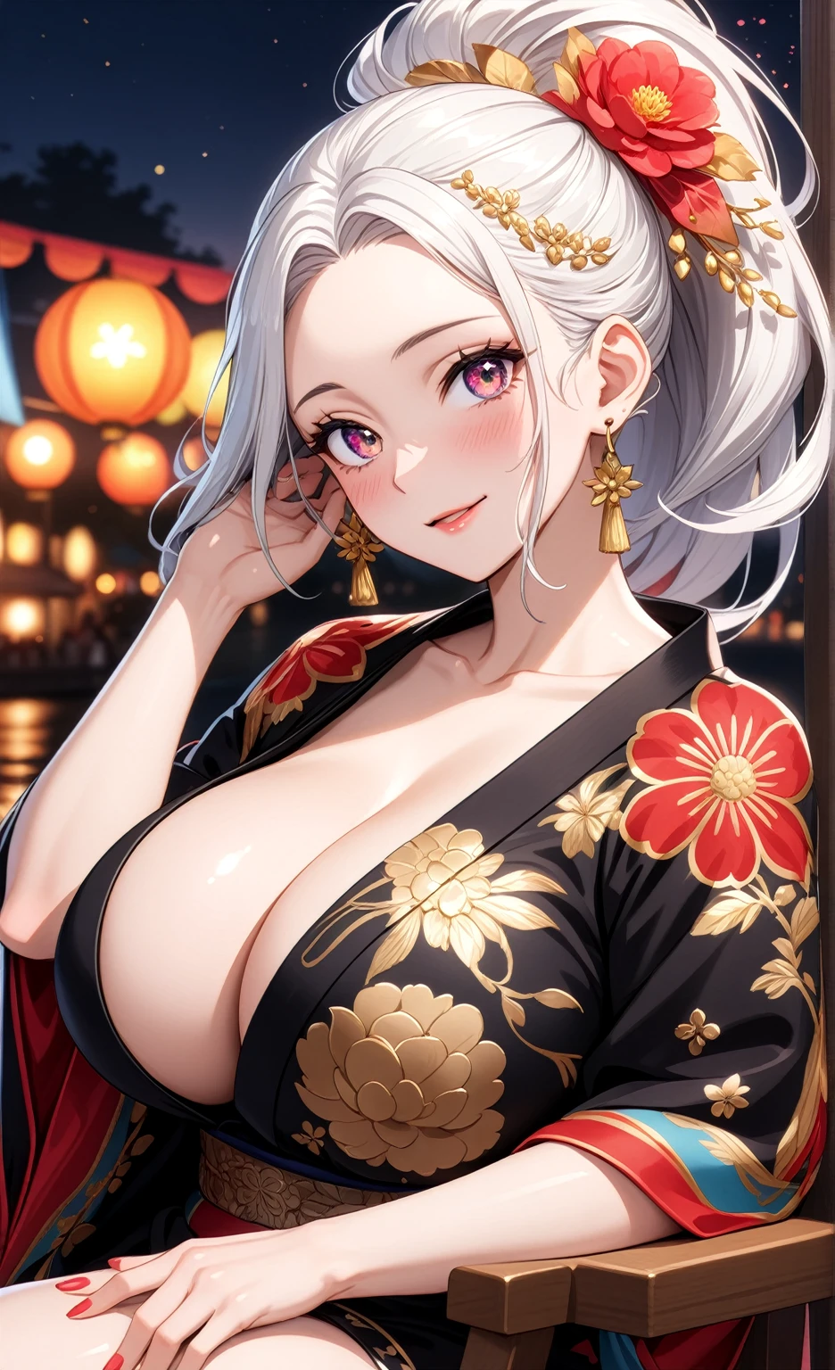 ((one personの女性)), Beautiful Face,Laughing embarrassedly,Laughing with your mouth open,Bright red cheeks,Glossy pink lips,night,Festival stalls on the riverbank,firework,((Anime style background)),masterpiece, highest quality, so beautiful, Latest, Complex details, (Pink long nails),AI-generated, Complex,High resolution, highest quality, super high quality,3D Images、View your viewers、3D Images,one person,Long white hair,High Ponytail,blue eyes,Anime woman posing for a photo, (Fine grain、Colorful eyes、Shining Eyes:1.2),(Squint your eyes:1.1),a hyperRealistic , hyperRealistic , Realistic,Anime woman with long and white hair, Smooth anime CG art, A woman in a colorful kimono with gold embroidery, (Black kimono),Red floral pattern,Long flower hair ornament,Big earrings,,Mature Body,(Big Breasts:1.1)Tall,Big Ass,Fine details,Narrow waist,(Face close-up:1.5),Bevel the background,Tilt your face,Sit on a chair