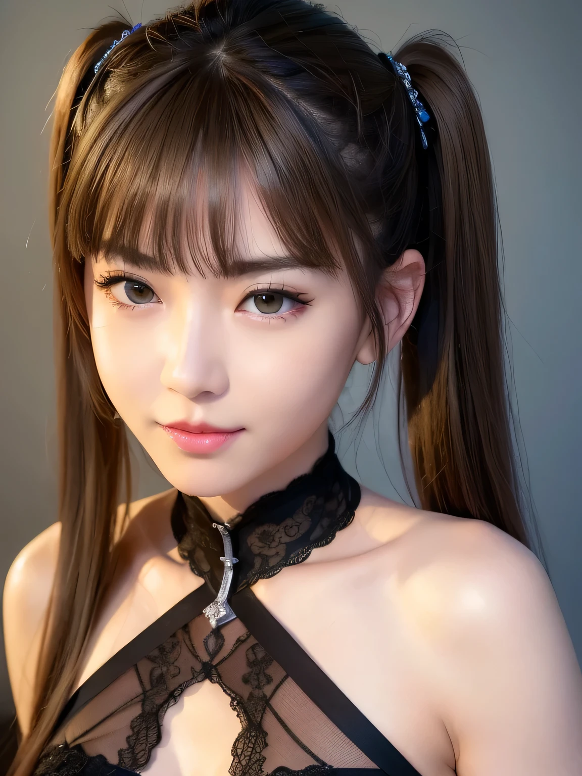 (highest quality、8K masterpiece、超A high resolution)、(Photorealistic:1.3)、Highest quality soft natural light, RAW Photos、Extremely detailed CG, 1 girl、Pale, radiant, translucent skin:1.2、((Ultra-Realistic Details))、Portrait、Global Illumination、Octane Rendering, Shadow、8K、Super sharp、Very intricate details、With a small face、(Cute Smile)、Beautiful Eyes、Staring at a lover、(Shiny Hair Brown long twin tails 、Voluminous Hair:1.3、thick hair:1.2 ), (Big ample breasts:1.2)、Random colored bras、areola protruding from bra,、Cleavage、Full body open jacket suit with chain、