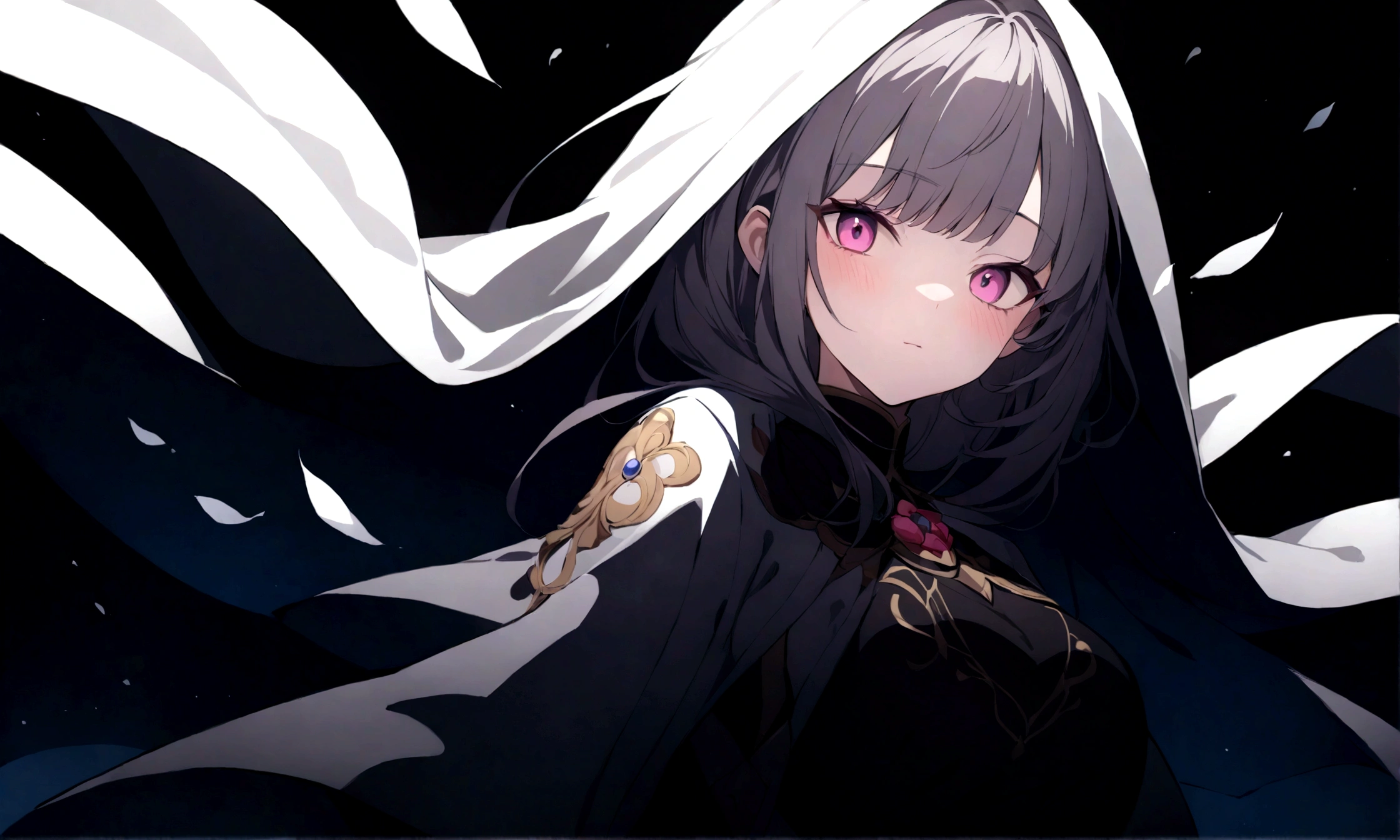 (masterpiece, 32k, 8k, maximum graphics, detailed image, vivid and detailed eyes) a priestess, white priestess overcoat, ((pink eyes, white hair with bangs)), sweet expression on her face, magic hood covers her head , (photo concentrated on the face, character looking at the viewer, interior background of the monastery), powerful magical aura exuding from the character