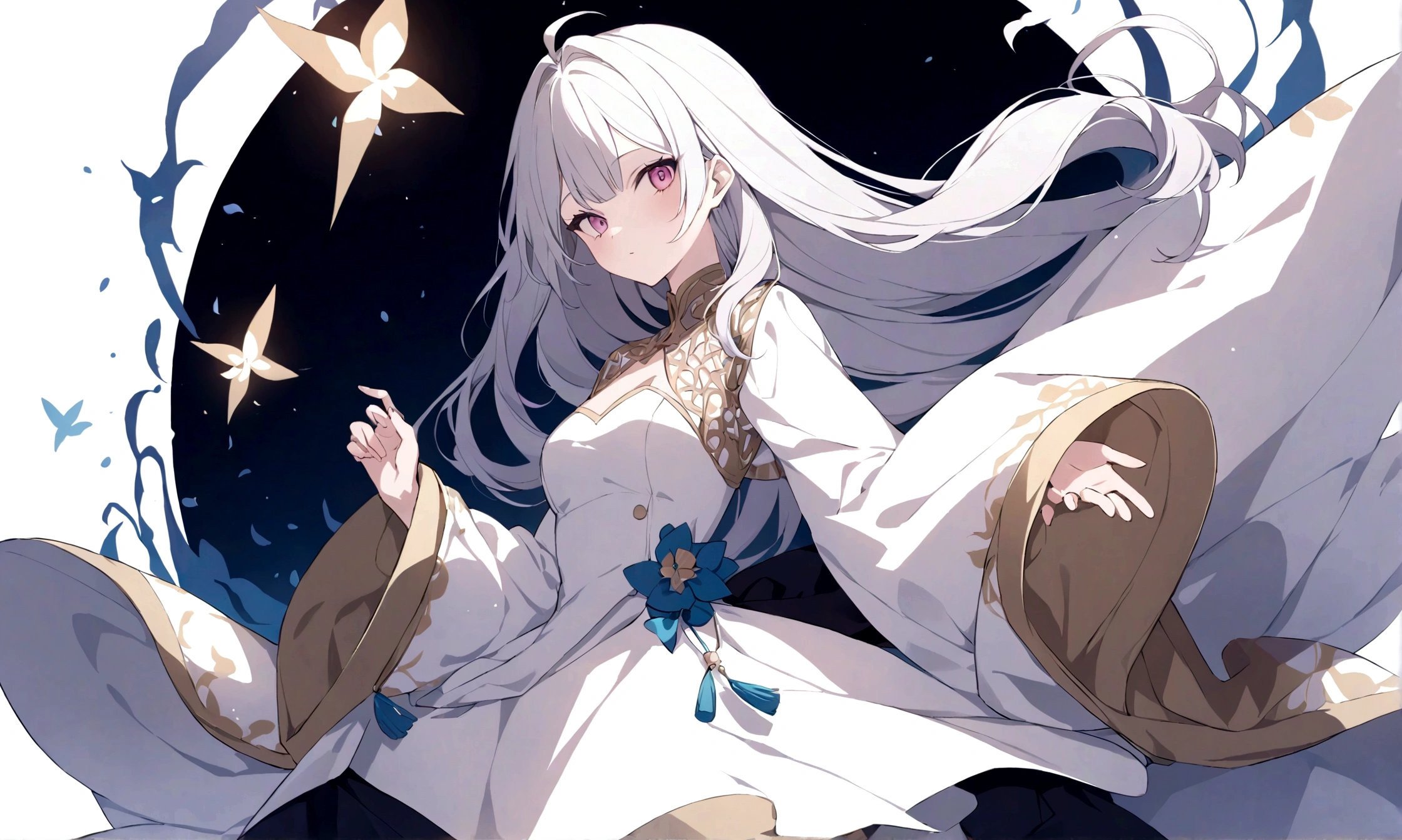 (masterpiece, 32k, 8k, maximum graphics, detailed image, vivid and detailed eyes) a priestess, white priestess overcoat, ((pink eyes, white hair with bangs)), sweet expression on her face, magic hood covers her head , (photo concentrated on the face, character looking at the viewer, interior background of the monastery), powerful magical aura exuding from the character