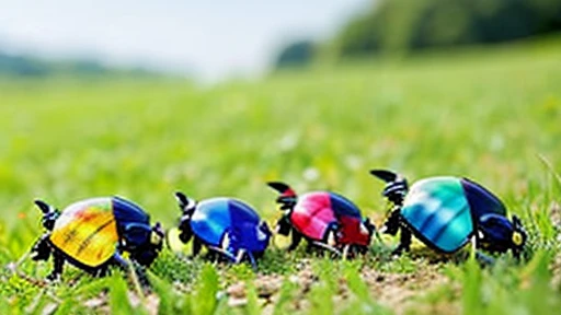 Children playing with beautiful beetles in the grassland、Children playing with beautiful beetles in the grassland、Colorful Mushiking