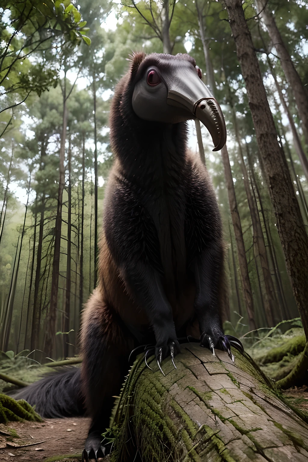 monster anteater, red eyes, steel claws, sorrounded in the forest running