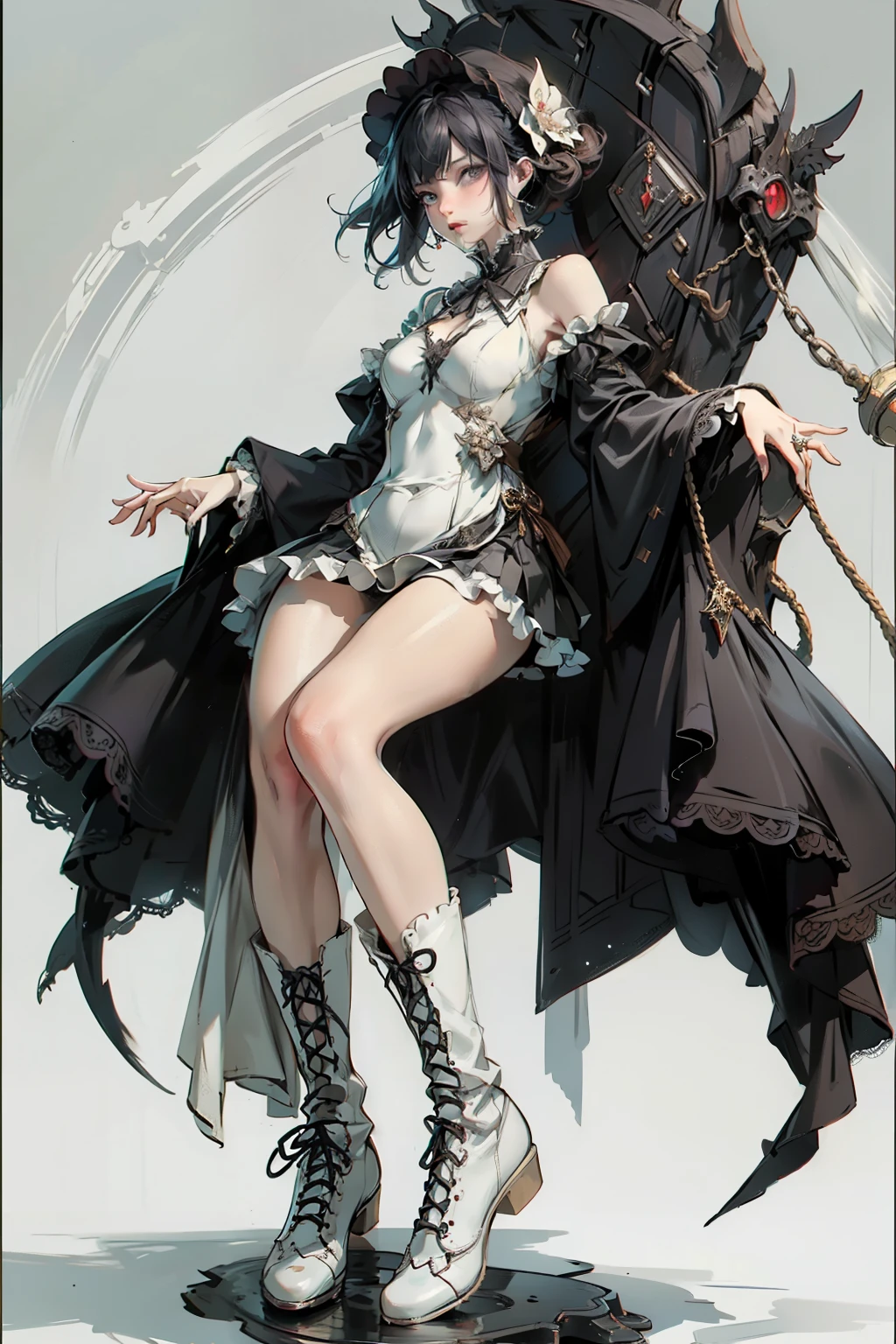 ((best quality)), ((masterpiece)), (detailed), blank white background, plain background, white background, red and white clothing, Bloodborne inspired, occult aesthetic, occult, detailed and intricate steampunk and detailed gothic, NSFW, Very dramatic and cinematic lighting, cosmic horror, grim-dark, side-lighting, perfect face, NSFW, Fluttering lace flared long knee length dress with frilly petticoats, knee length dress, pleated petticoats, lolita dress, petticoats gothic lolita, complex lace boots, side-lighting, gothic lolita aesthetic, with a huge overflowing chalice, chalice, NSFW, beautiful small breasts, small breasts, full body, whole body, body, plain background, white background, blank background, no background, white background NSFW, full body, whole body, head-to-toe NSFW