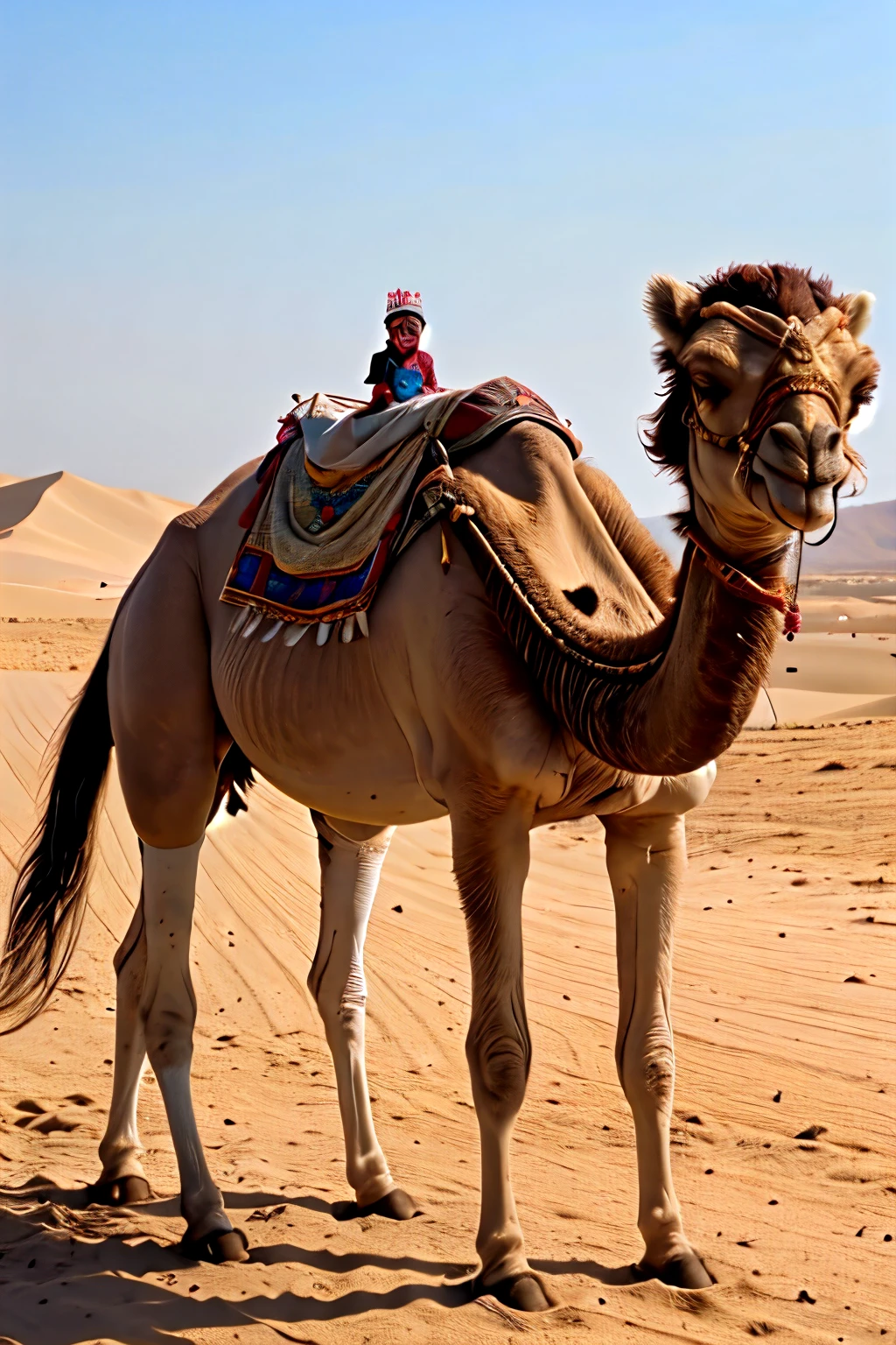 One small king is walking on ground wearing crown but on camel