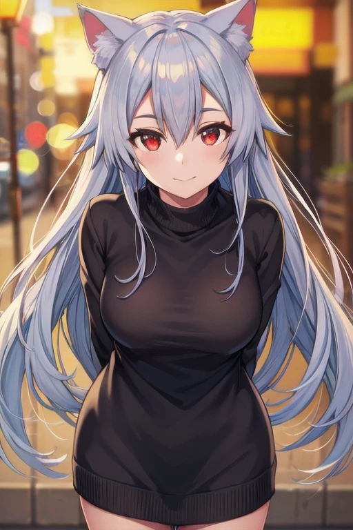 masterpiece, best quality, 1girl, tomoe gozen, torino style, glowing red eyes, smug smile, hair between eyes, silver long hair, cat ears, sweater, hands behind back, leaning forward, ultra-detailed, realistic, photorealistic, photo-realistic:1.37, HDR, UHD, studio lighting, ultra-fine painting, sharp focus, physically-based rendering, extreme detail description, professional, vivid colors, bokeh